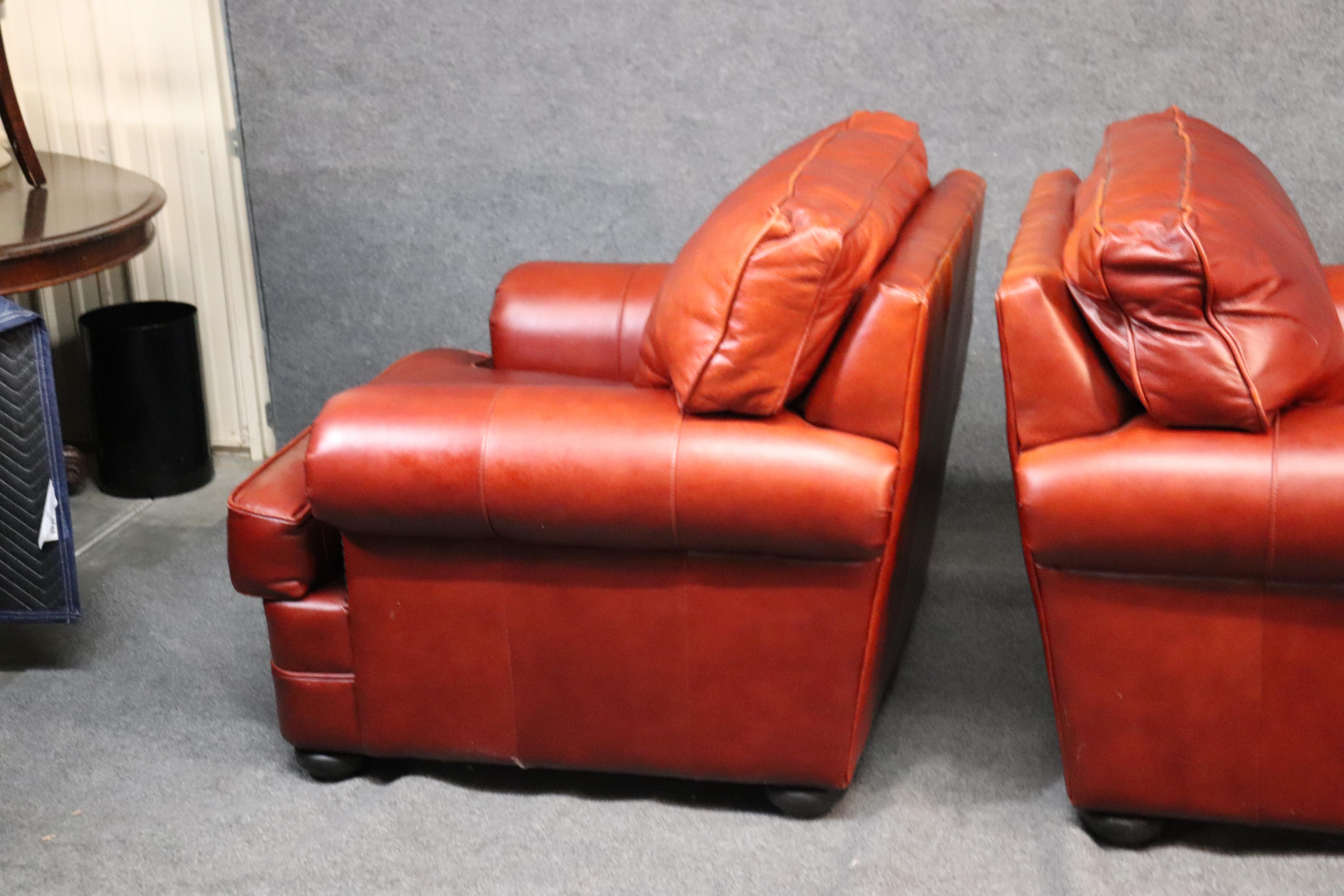 Orange-Red Pair of Custom Made All Genuine Leather Club Chairs 4