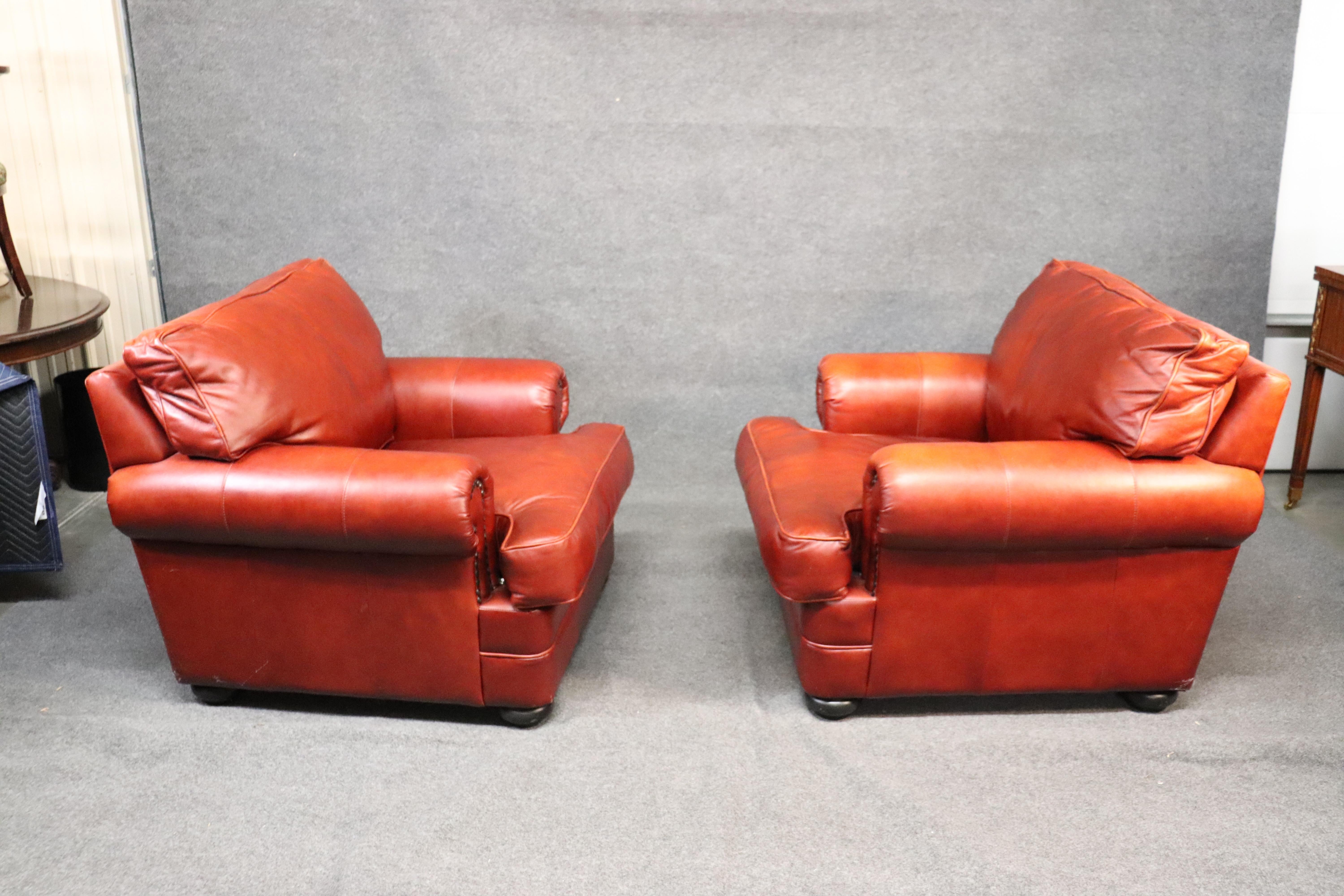 Art Deco Orange-Red Pair of Custom Made All Genuine Leather Club Chairs