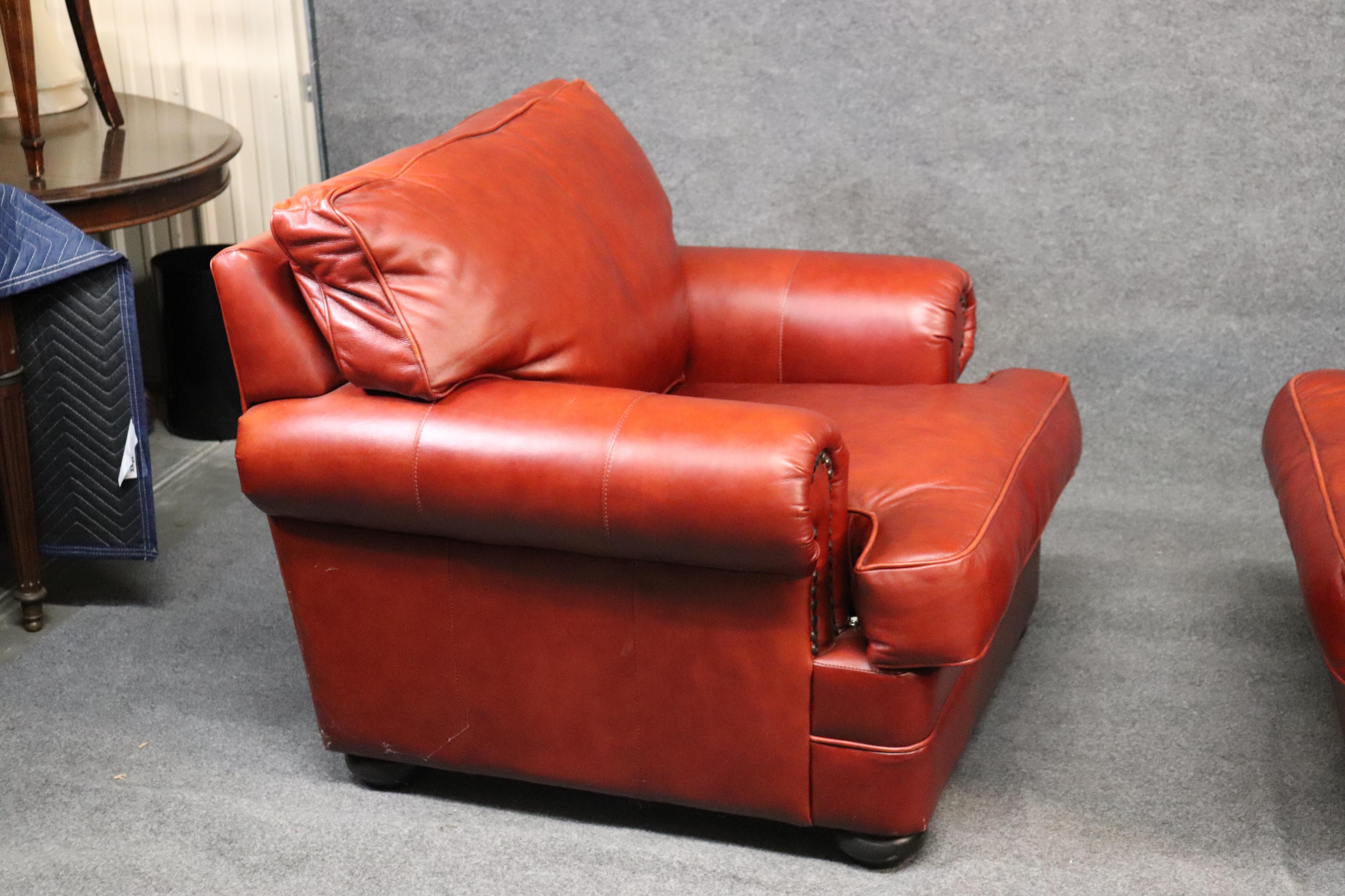 American Orange-Red Pair of Custom Made All Genuine Leather Club Chairs