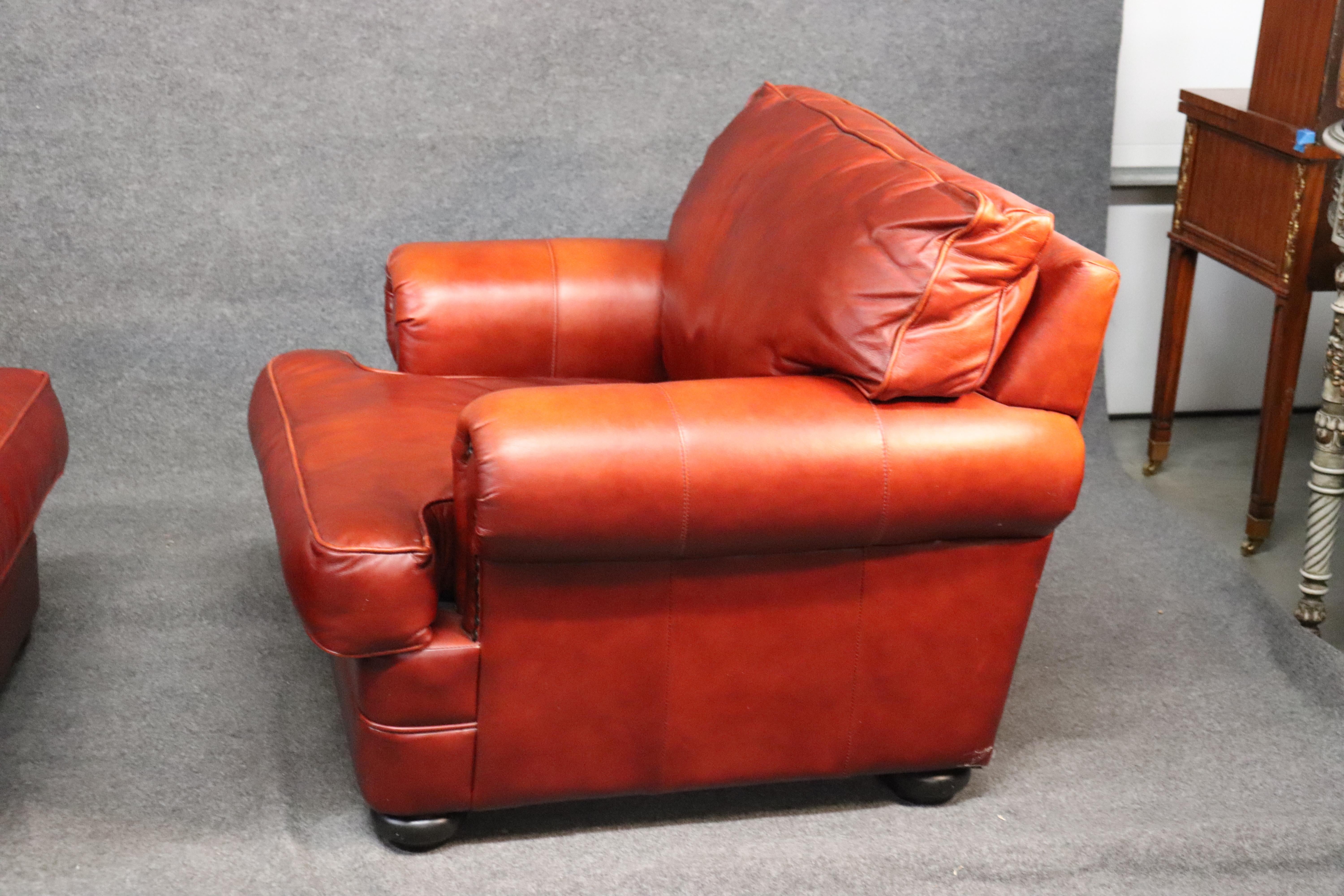 Orange-Red Pair of Custom Made All Genuine Leather Club Chairs In Good Condition In Swedesboro, NJ