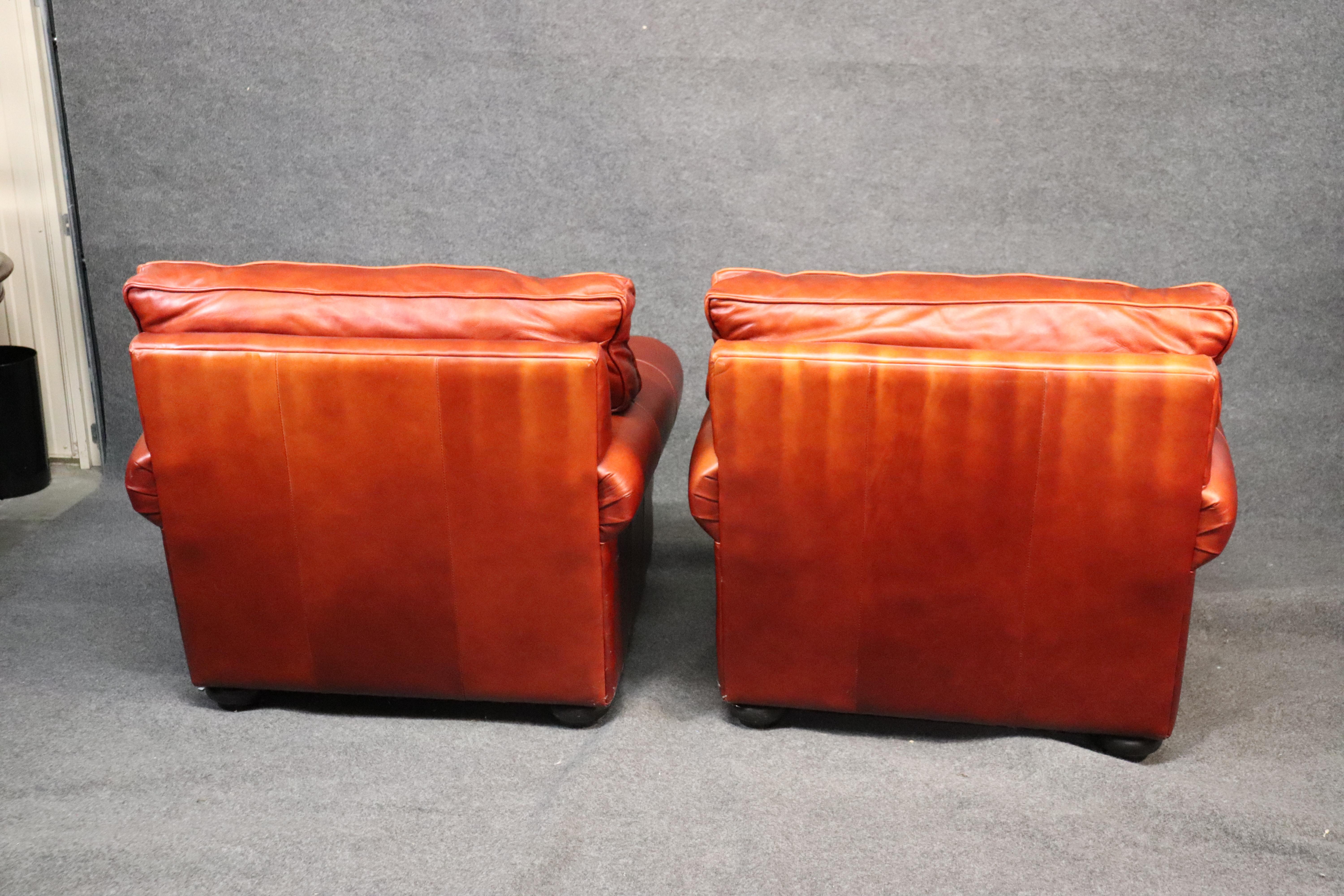 Contemporary Orange-Red Pair of Custom Made All Genuine Leather Club Chairs