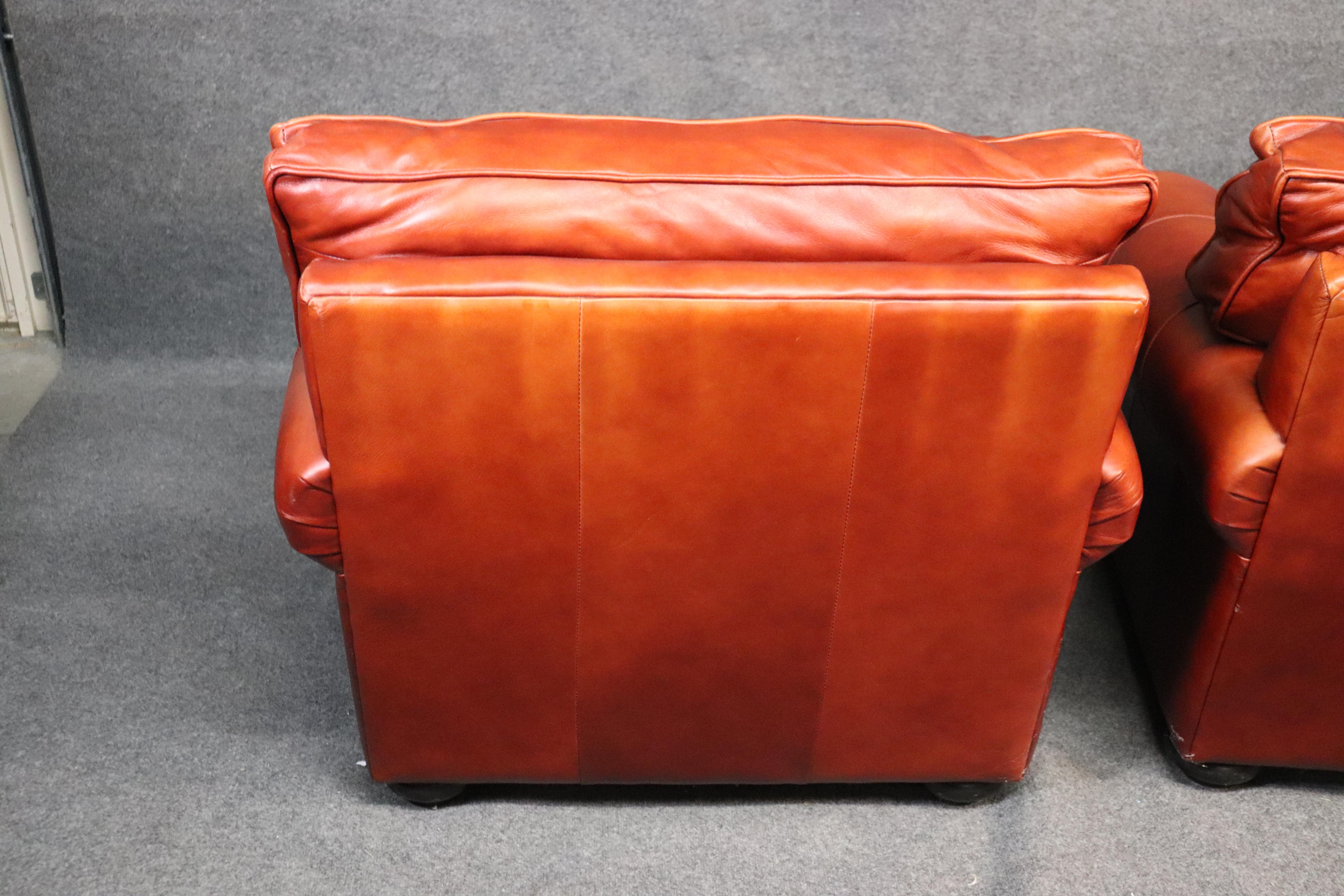 Orange-Red Pair of Custom Made All Genuine Leather Club Chairs 1
