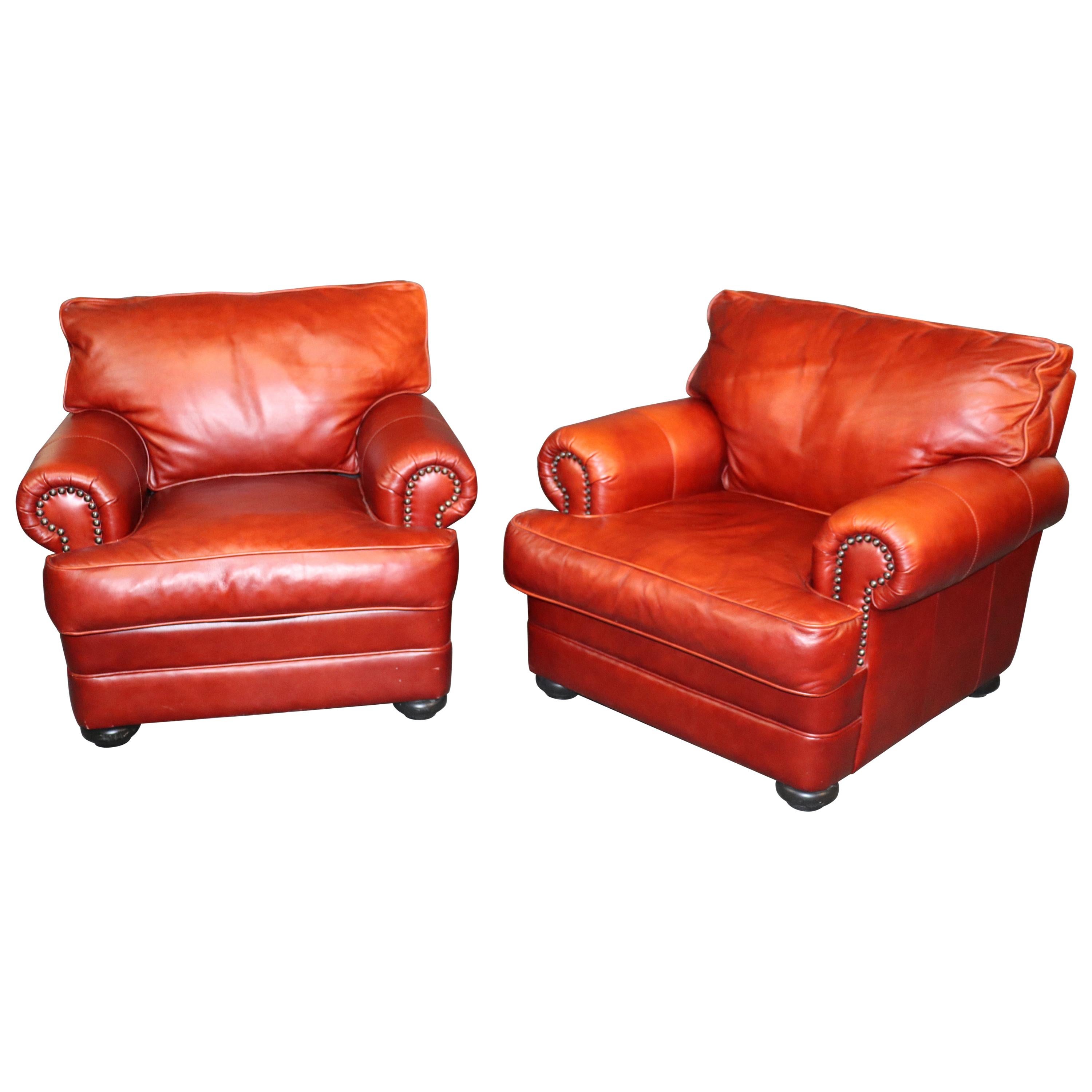 Orange-Red Pair of Custom Made All Genuine Leather Club Chairs