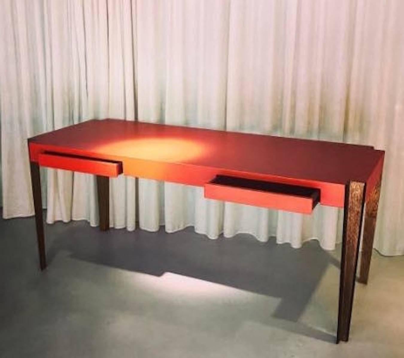 Appliqué Orange Red Top Leather Writing ''Ray Desk'' Designed by Philippe Hurel For Sale