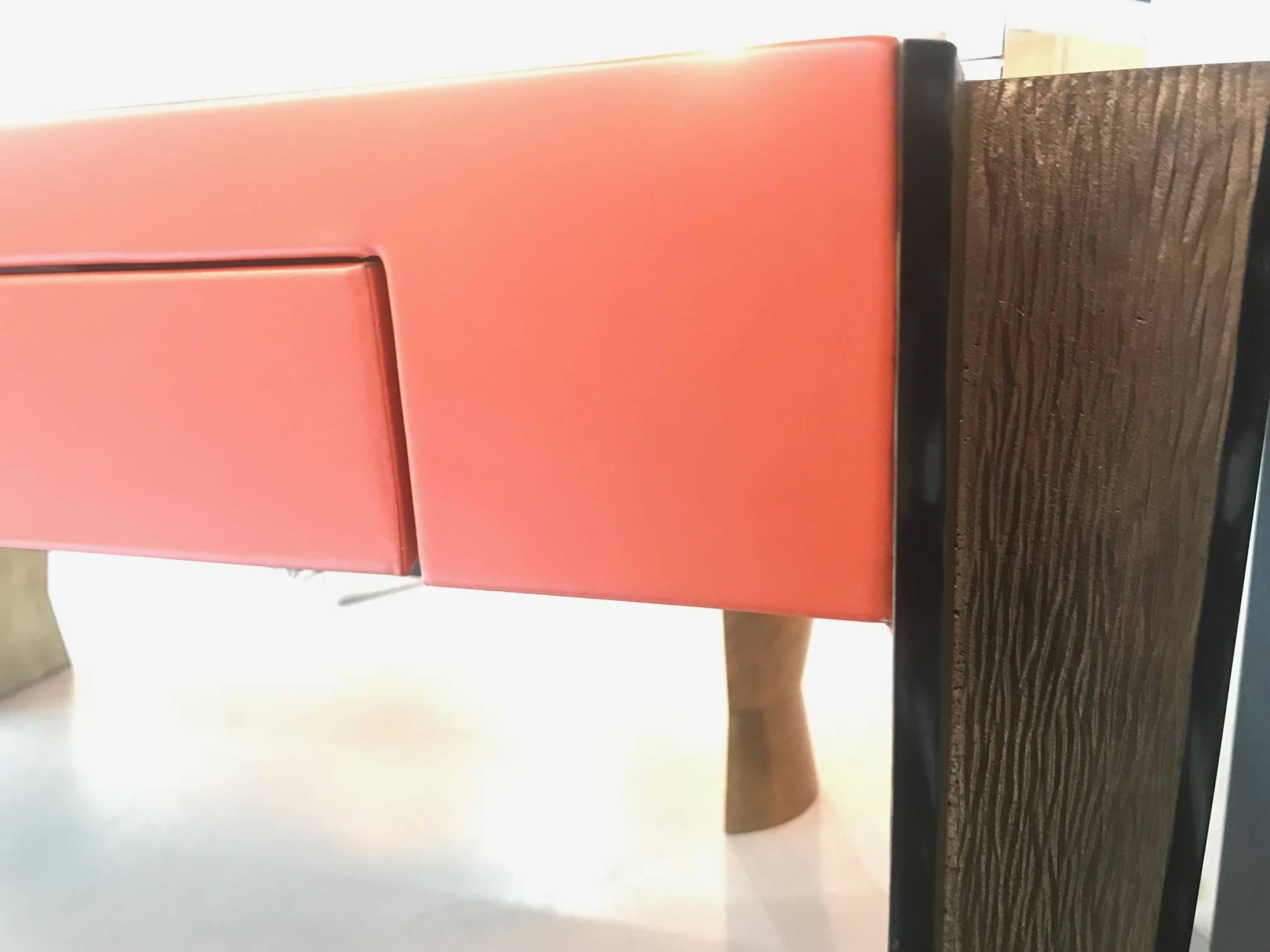 Bronze Orange Red Top Leather Writing ''Ray Desk'' Designed by Philippe Hurel For Sale