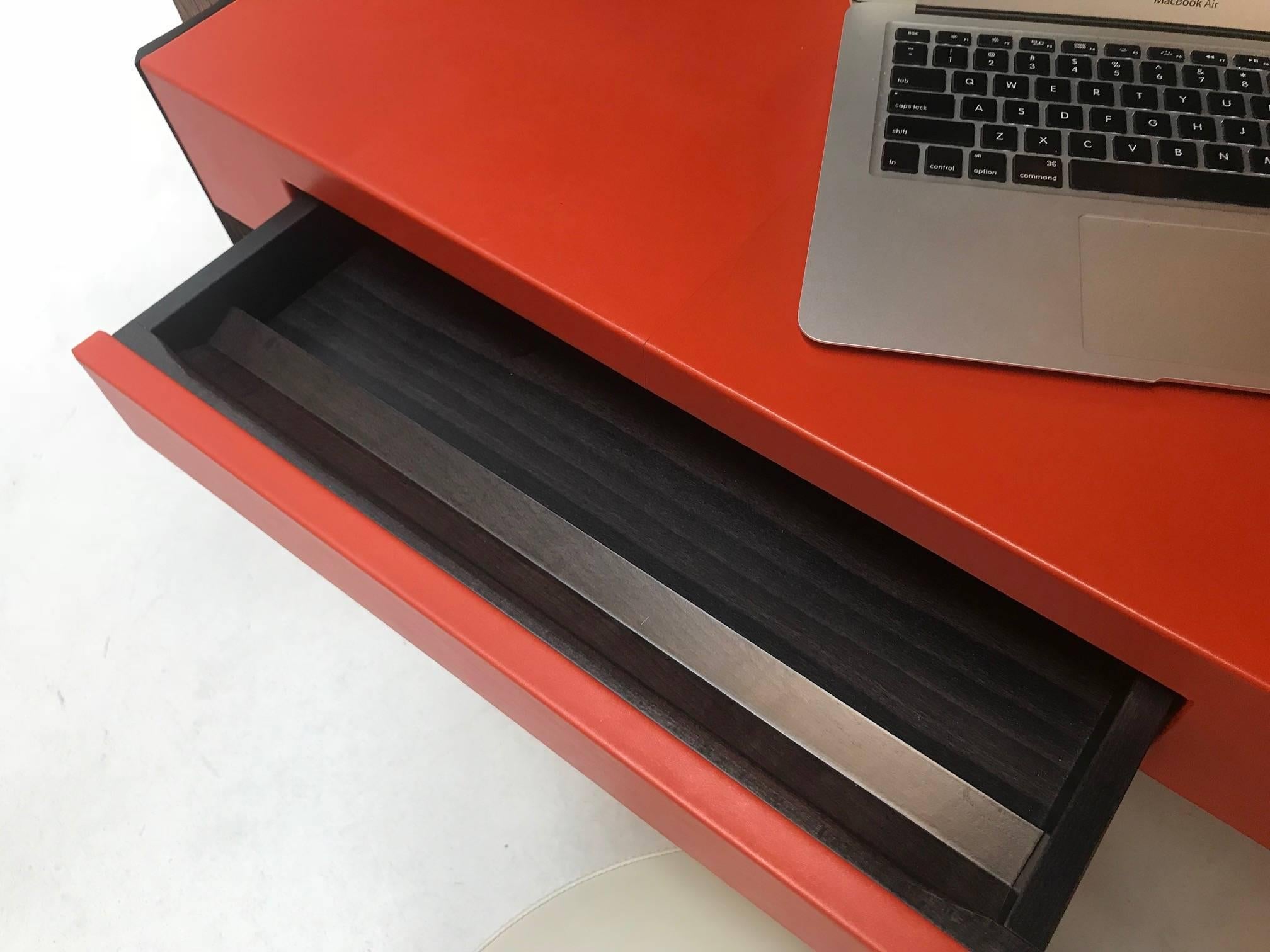 Orange Red Top Leather Writing ''Ray Desk'' Designed by Philippe Hurel For Sale 1