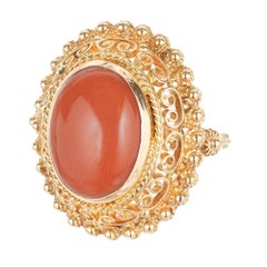 Orange Red Untreated Oval Coral Gold Cocktail Ring