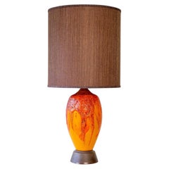 Orange Red Vulcanic Glazed Ceramic Floor Lamp, Brown Lampshade by R. Houben