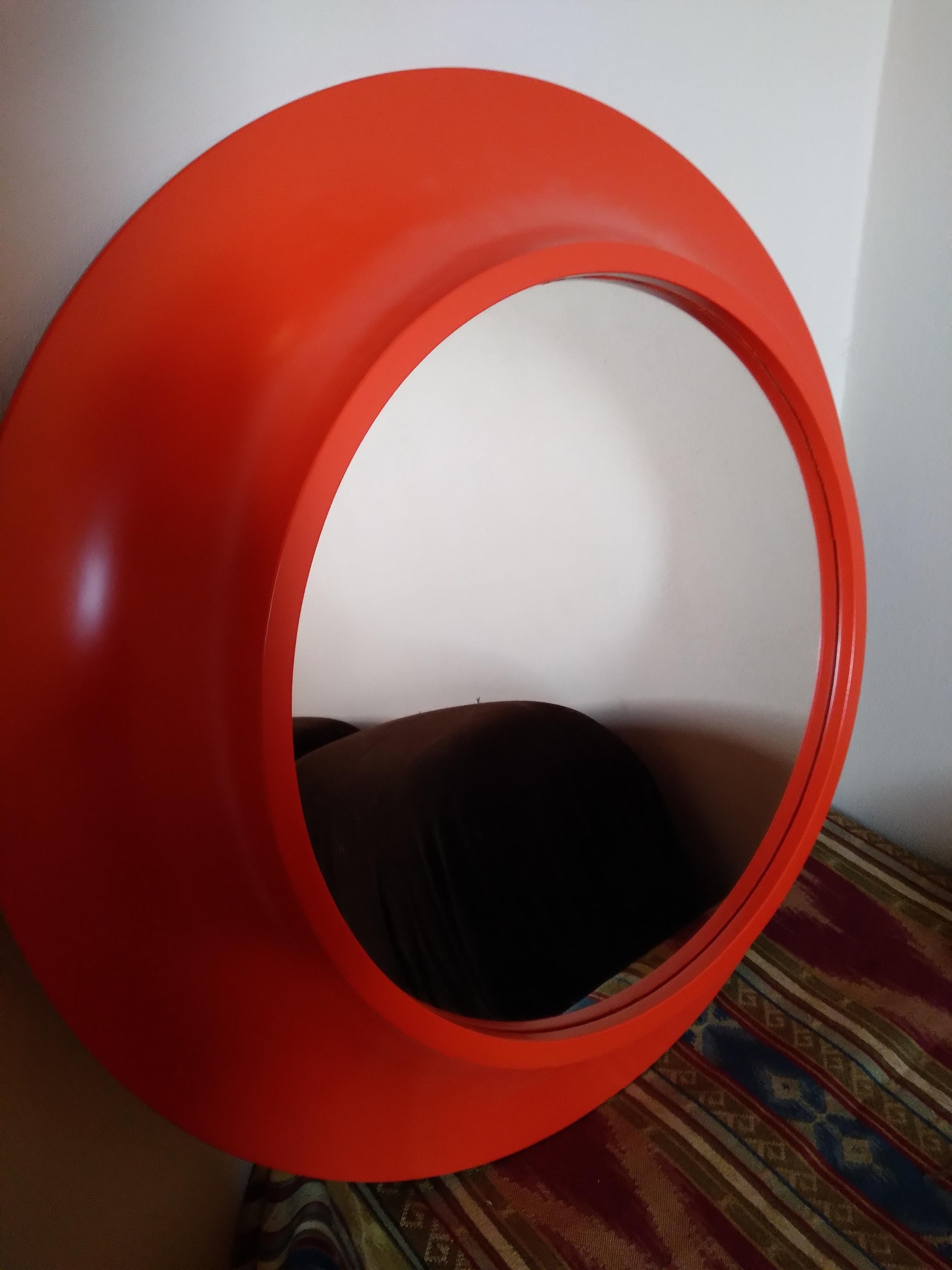 Wood Orange Round Mirror Italian Work 1968s