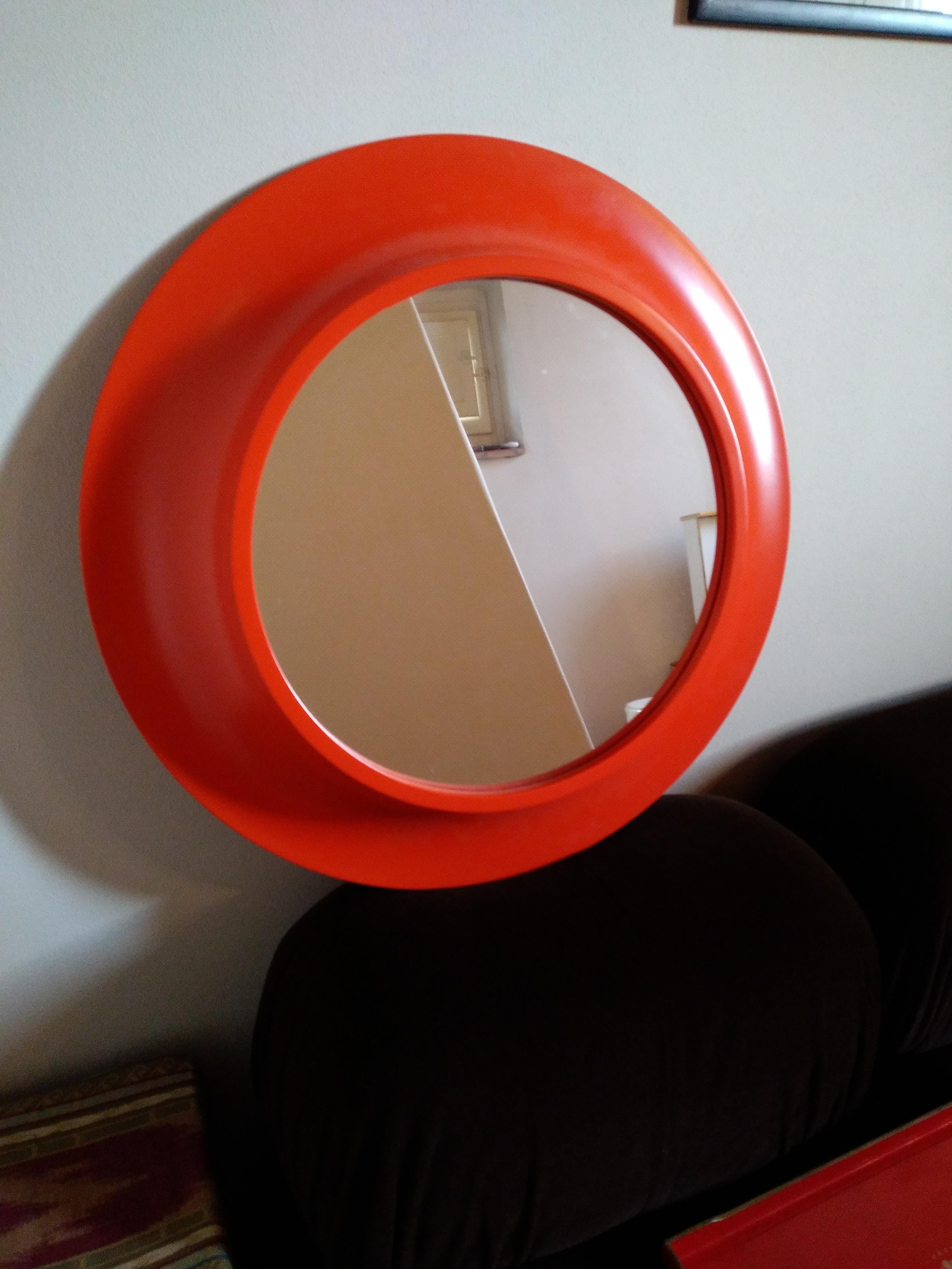 Orange Round Mirror Italian Work 1968s 1