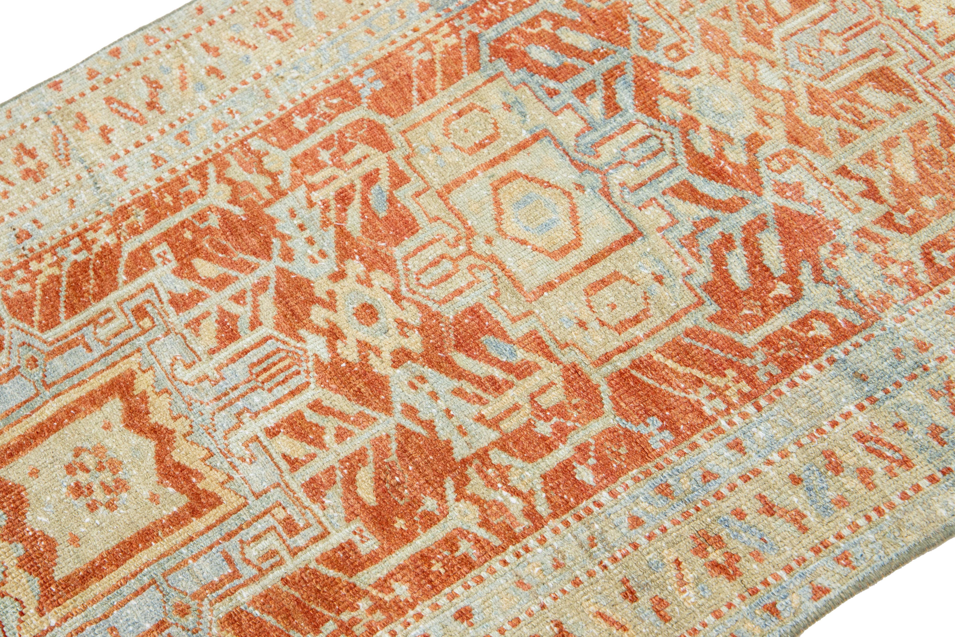 Heriz Serapi Orange Rust Antique Heriz Handmade Wool Runner Featuring an Allover Pattern For Sale
