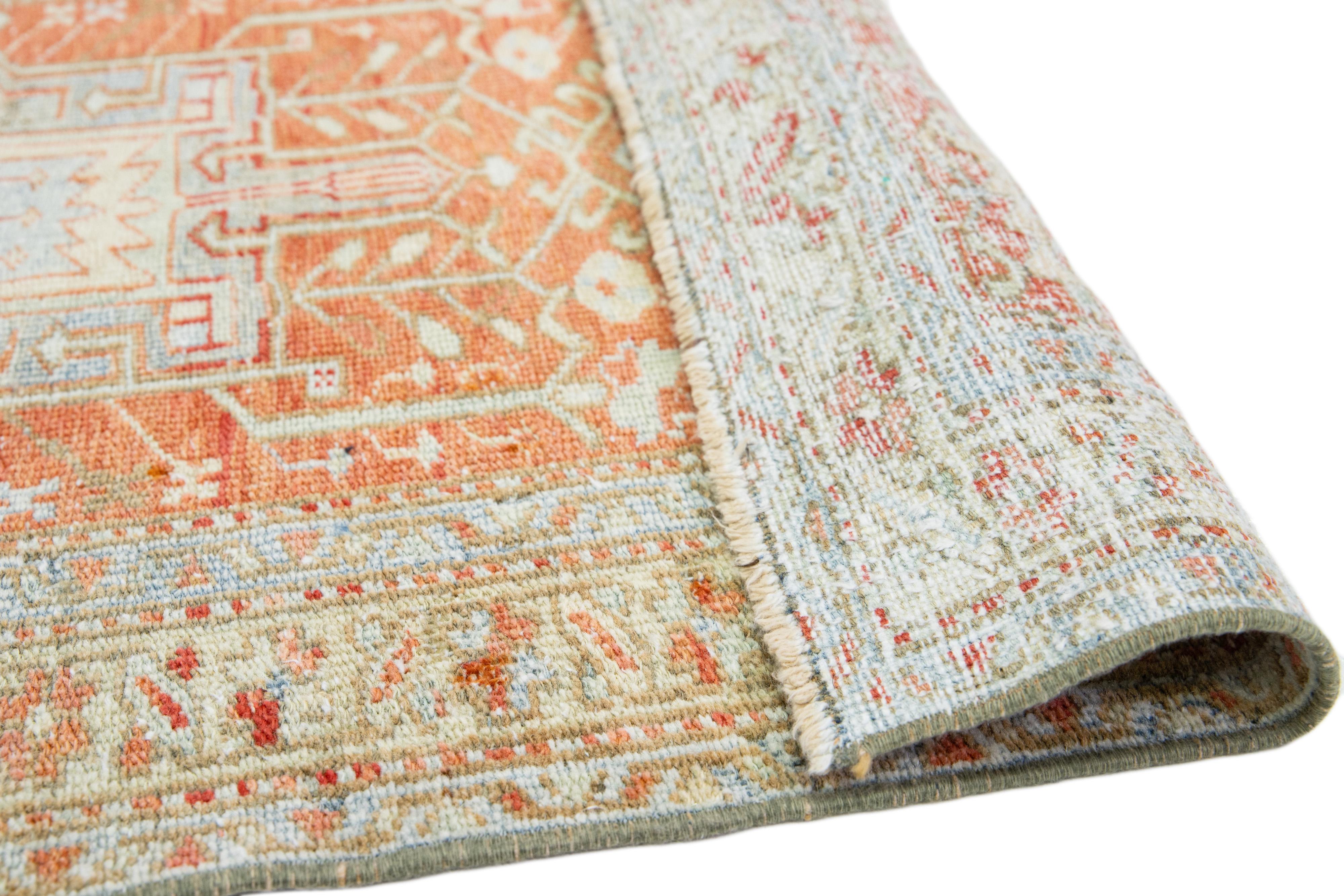 Persian Orange Rust Antique Heriz Handmade Wool Runner Featuring an Allover Pattern For Sale