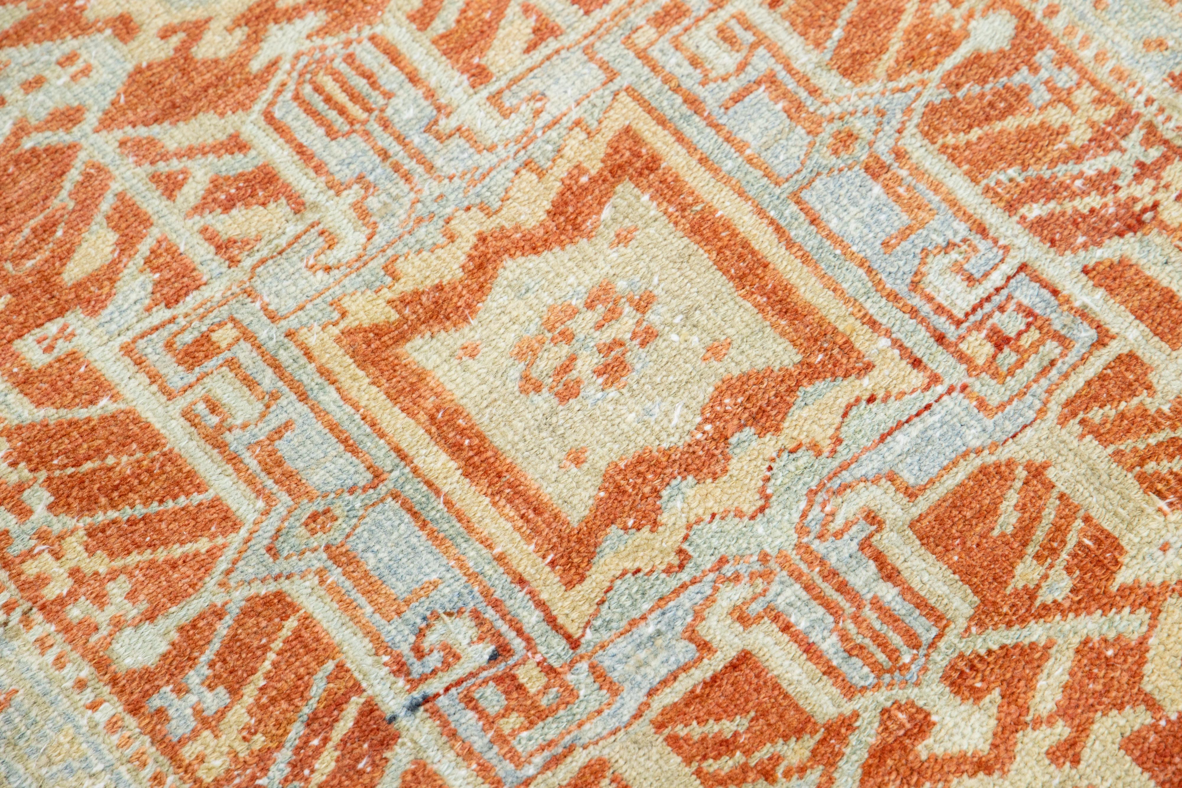 Orange Rust Antique Heriz Handmade Wool Runner Featuring an Allover Pattern For Sale 1