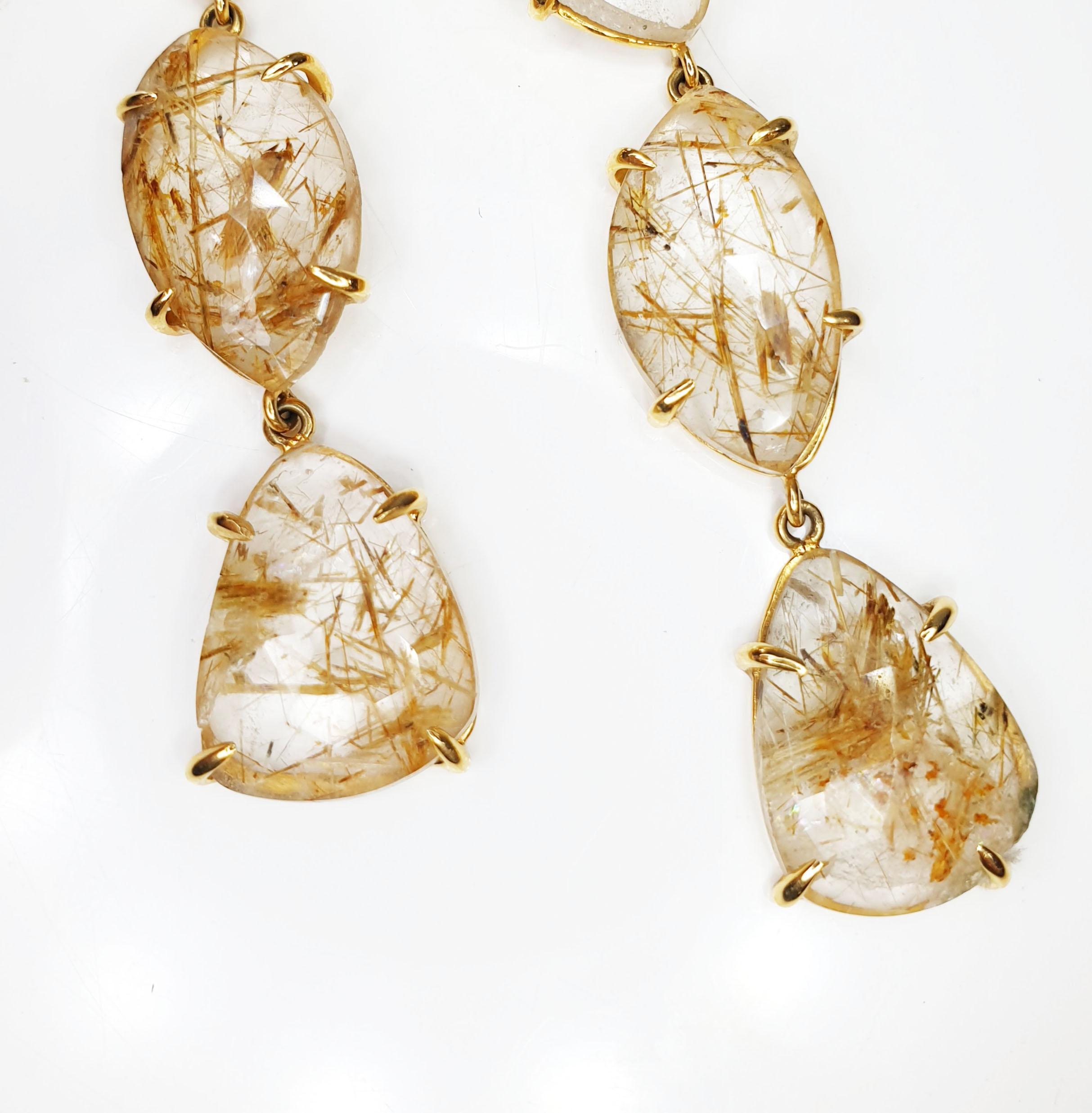 Contemporary Orange Rutiles Leafs in 18 Karat Yellow Gold and Pavé of Diamonds Drop Earrings For Sale