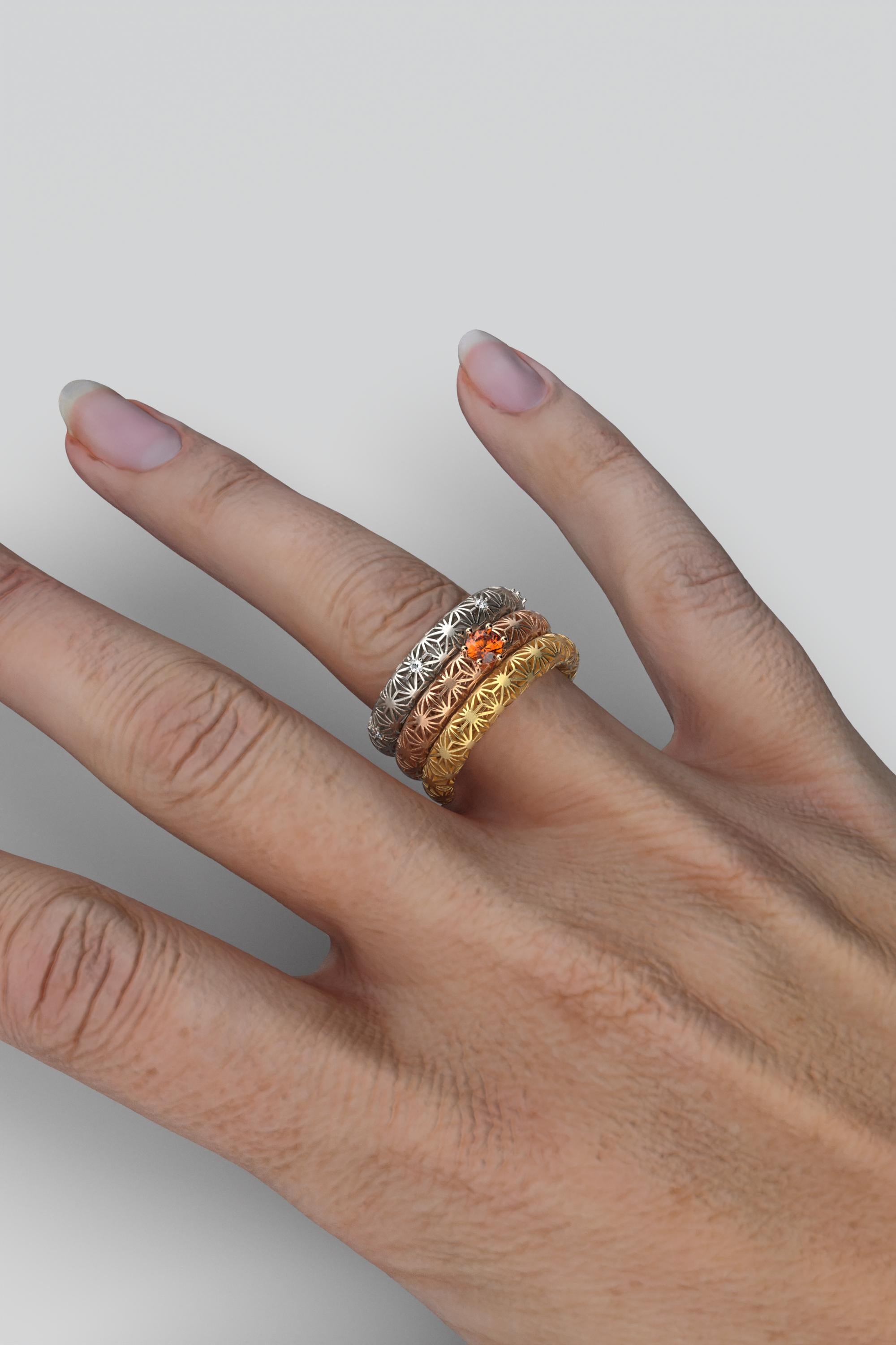 For Sale:  Orange Sapphire 18k Gold Band, Sashiko Pattern Gold Ring By Oltremare Gioielli 14