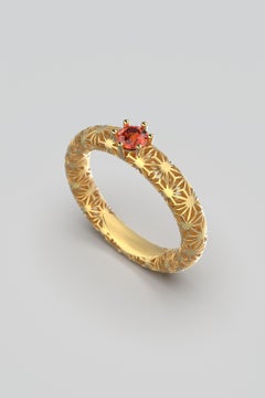 Orange Sapphire 18k Gold Band, Sashiko Pattern Gold Ring By Oltremare Gioielli