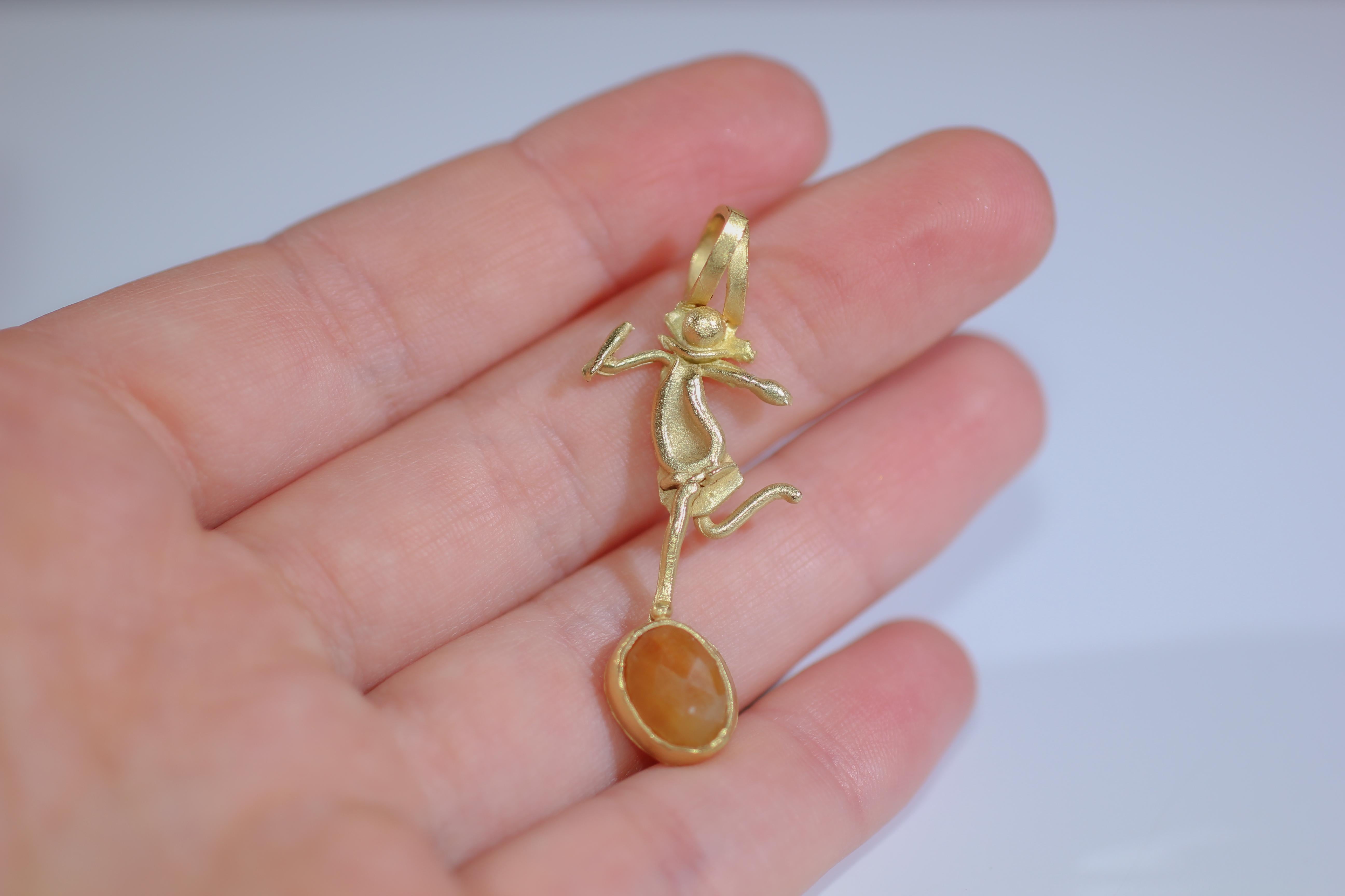 Orange Sapphire 18K Gold Minimalist 'She' Pendant Necklace, AB Jewelry NYC For Sale 2
