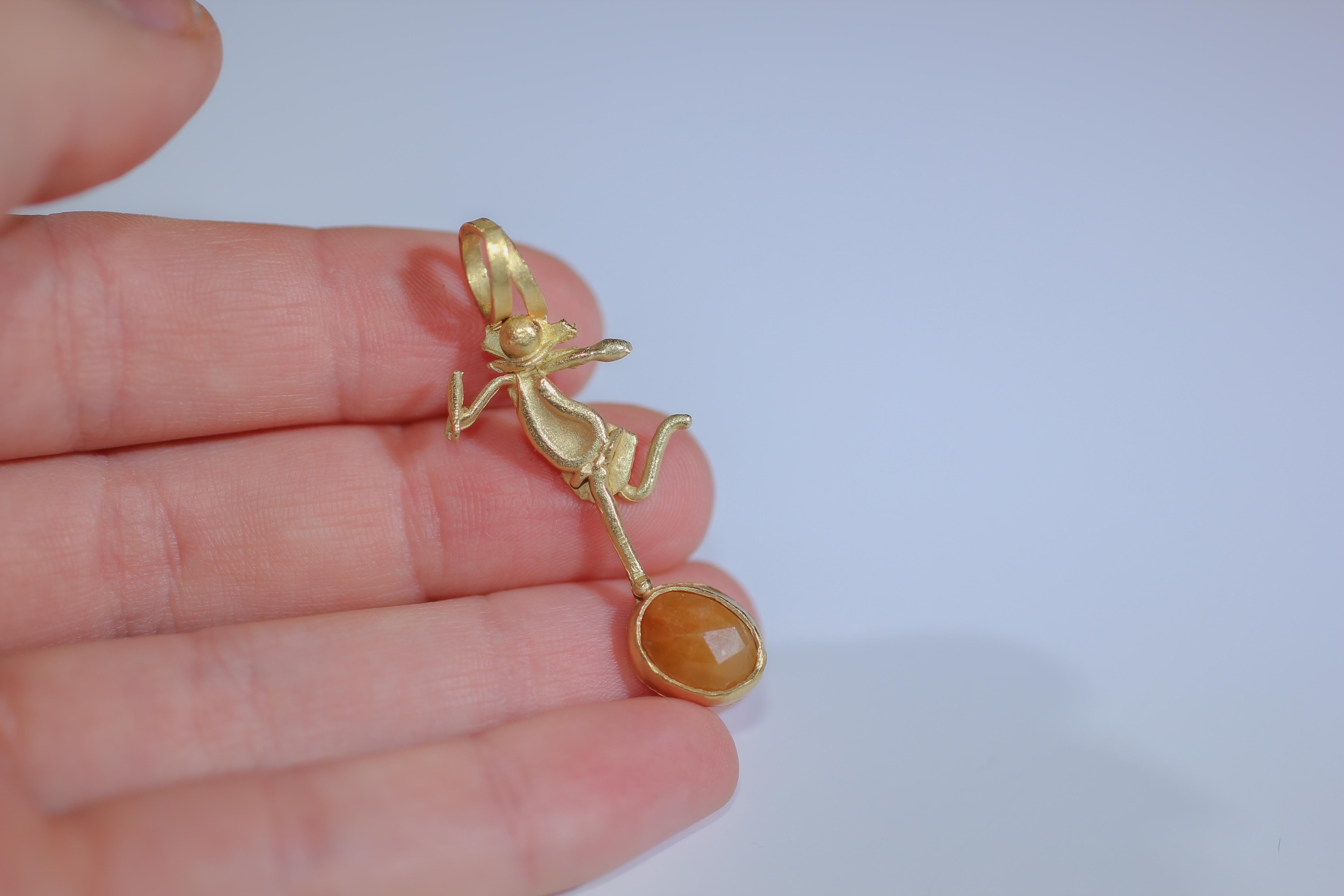 Orange Sapphire 18K Gold Minimalist 'She' Pendant Necklace, AB Jewelry NYC For Sale 3