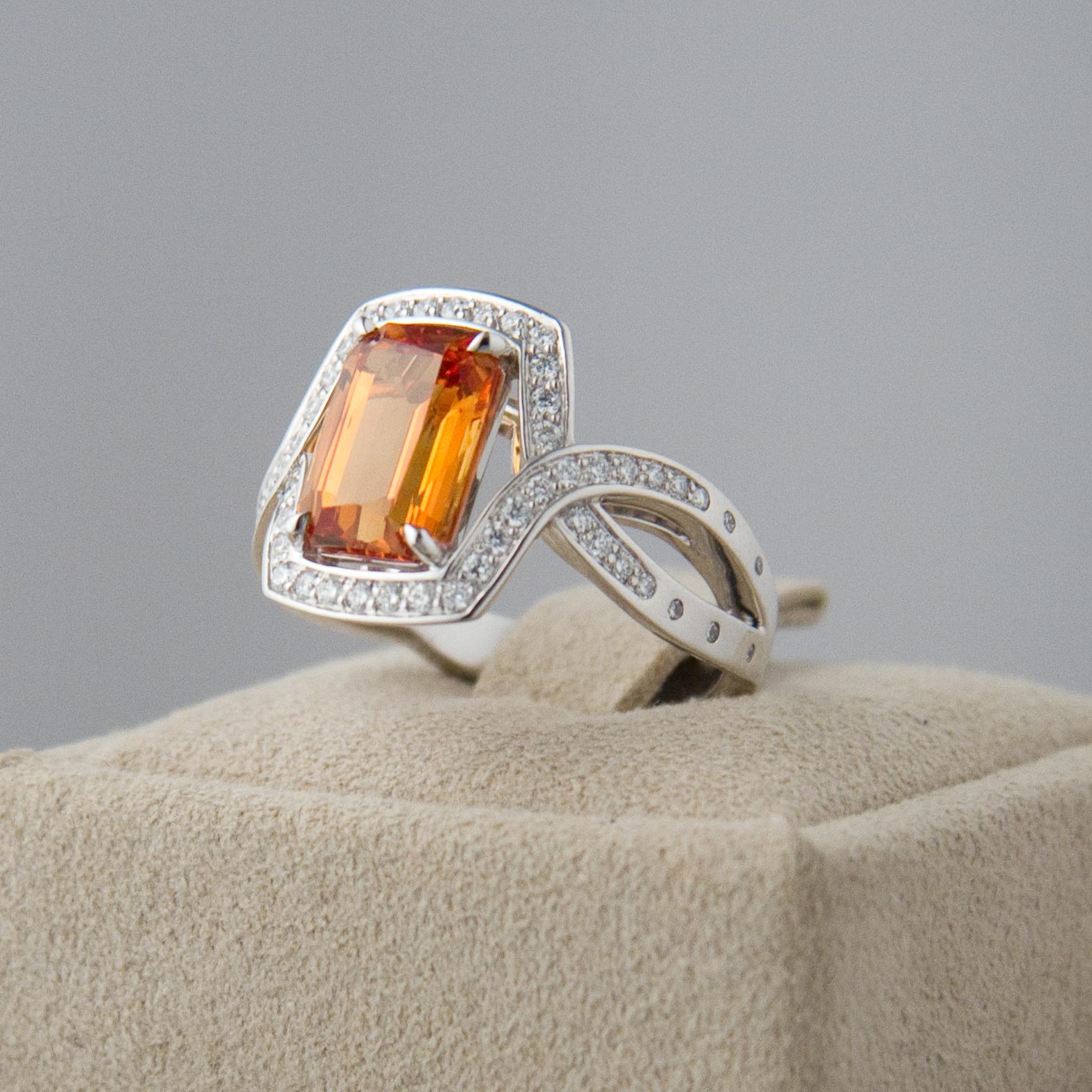Emerald Cut Orange Sapphire 3.84 Carat with Diamond in White Gold Ring