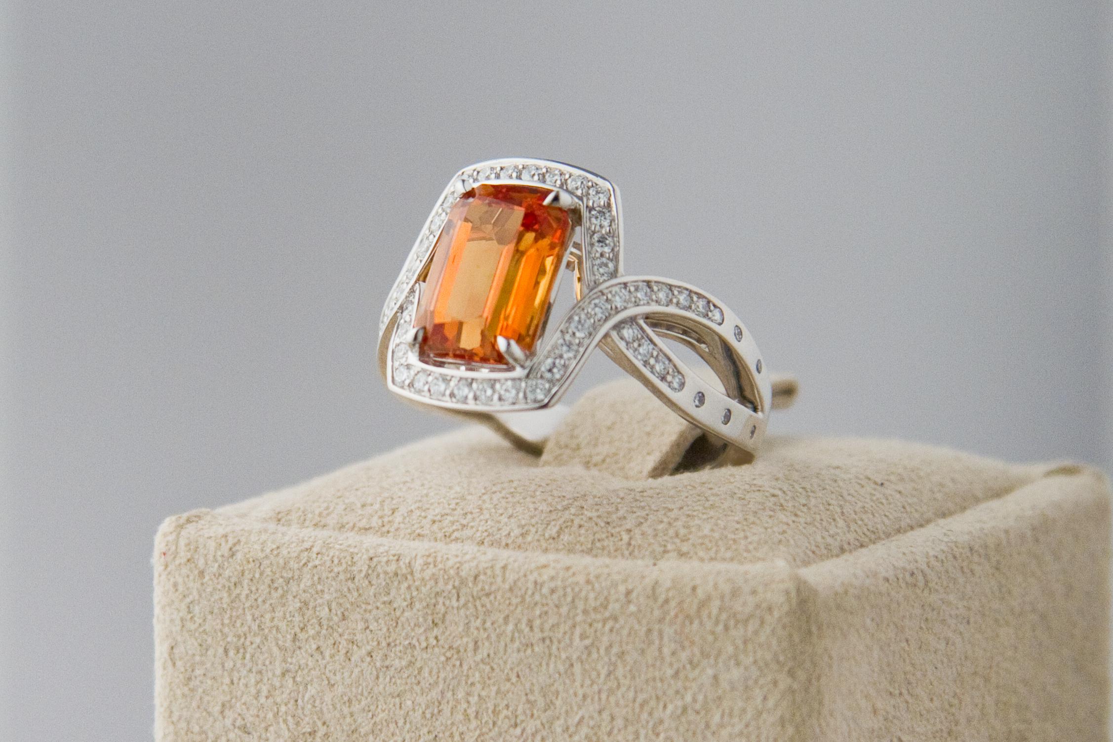 Orange Sapphire 3.84 Carat with Diamond in White Gold Ring 1