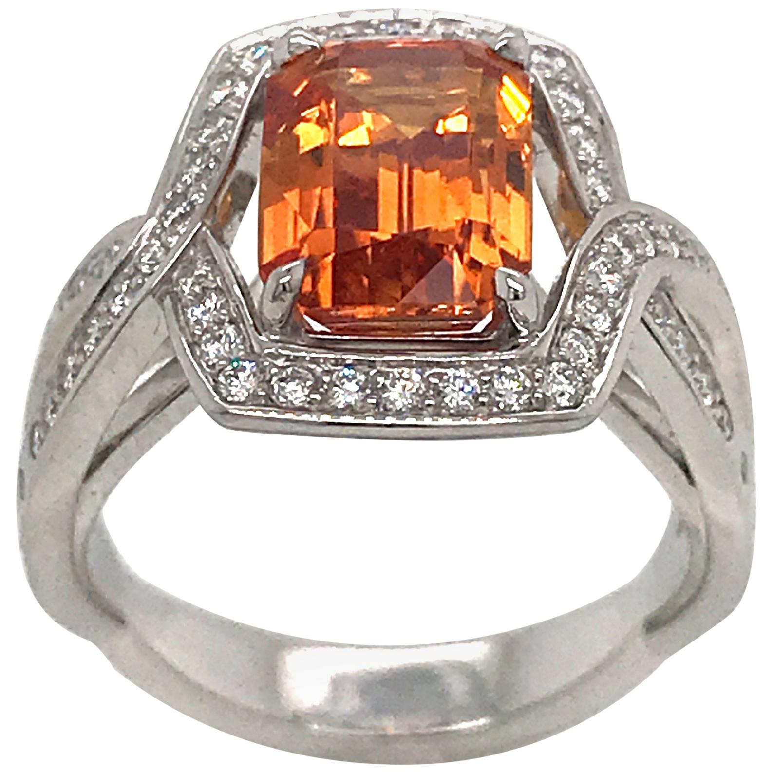 Orange Sapphire 3.84 Carat with Diamond in White Gold Ring