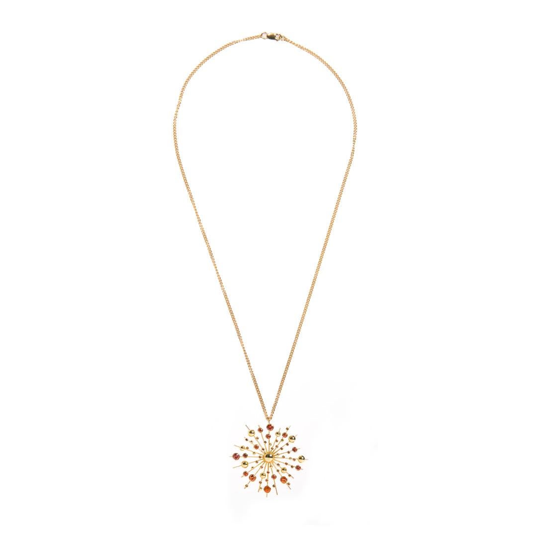 Round Cut Orange Sapphire 9 Karat Yellow Gold Soleil Pendant Chain Necklace Natalie Barney For Sale