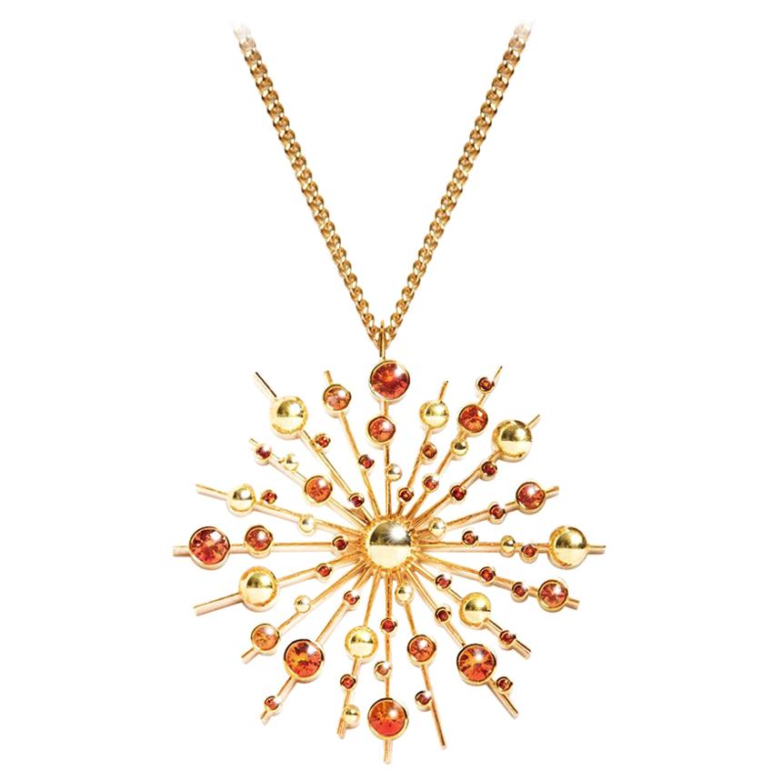 Orange Sapphire 9 Karat Yellow Gold Soleil Pendant Chain Necklace Natalie Barney For Sale