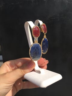Orange Sapphire and Blue Sapphire Diamond 18 Karat Gold Earrings for Her