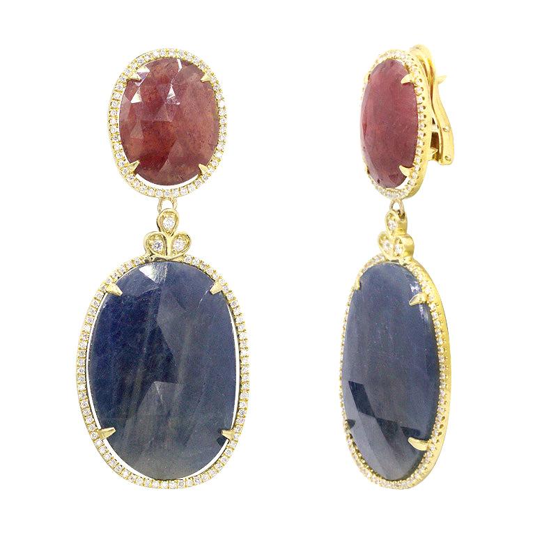 Orange Sapphire and Blue Sapphire Diamond 18 Karat Gold Earrings For Sale