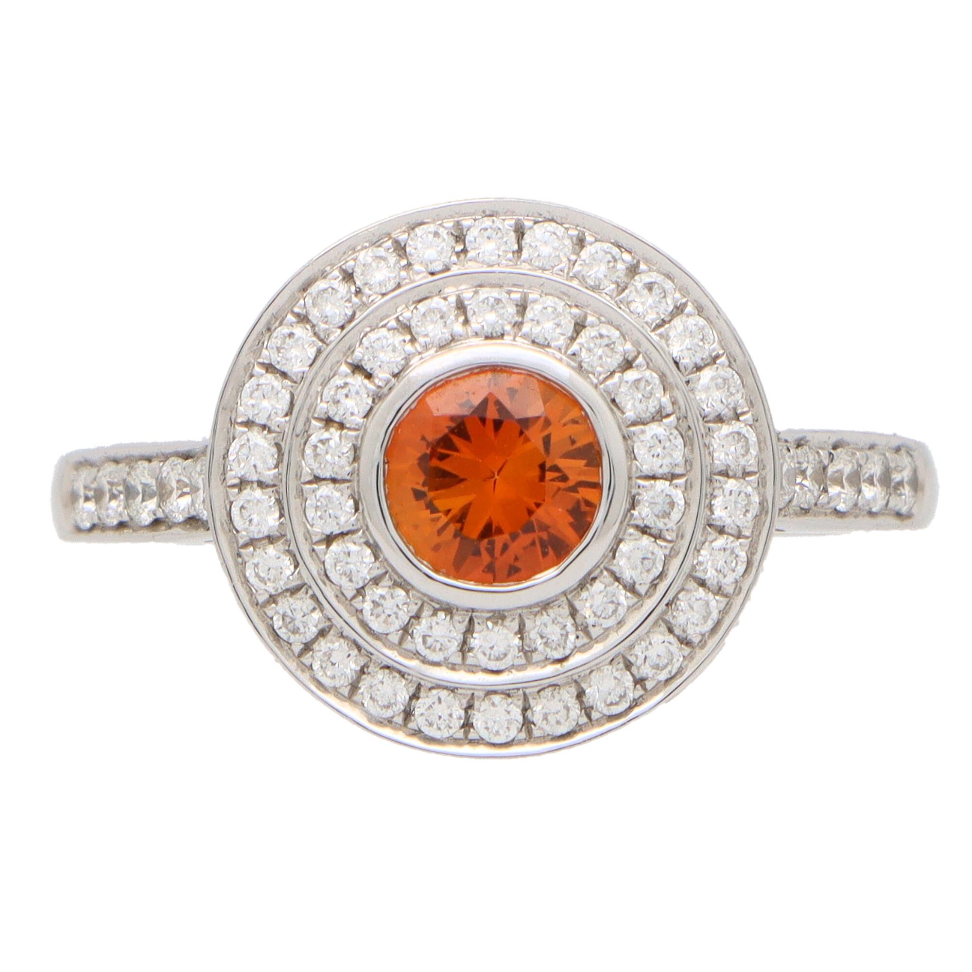 Modern Orange Sapphire and Diamond Double Target Ring Set in 18k White Gold