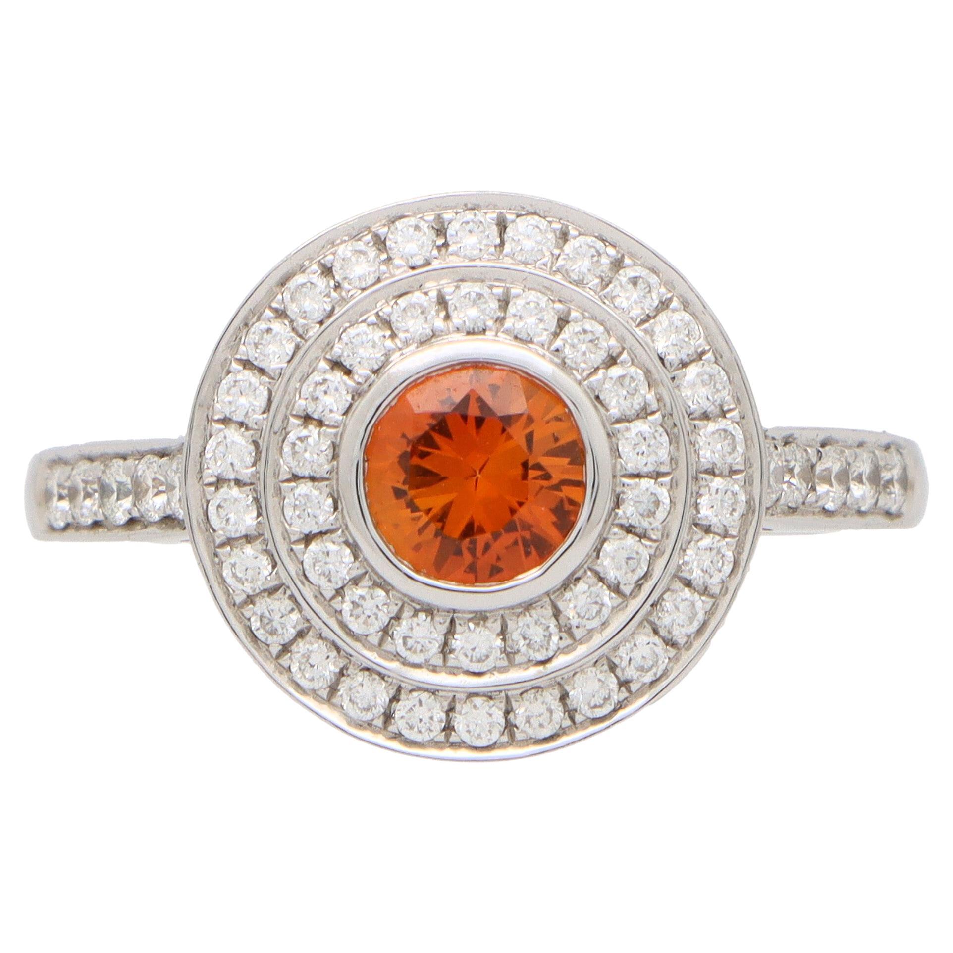 Orange Sapphire and Diamond Double Target Ring Set in 18k White Gold