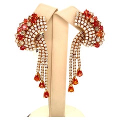 Boucles d'oreilles chandelier en saphir orange naturel et diamants