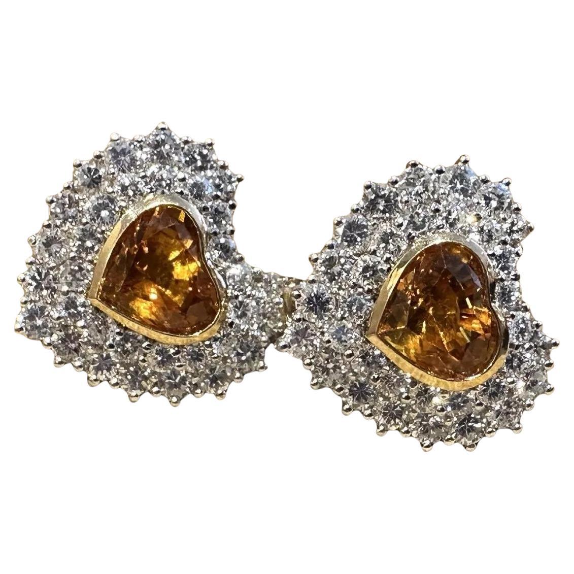 Orange Sapphire and Diamond Heart Earrings in 18k Yellow & White Gold