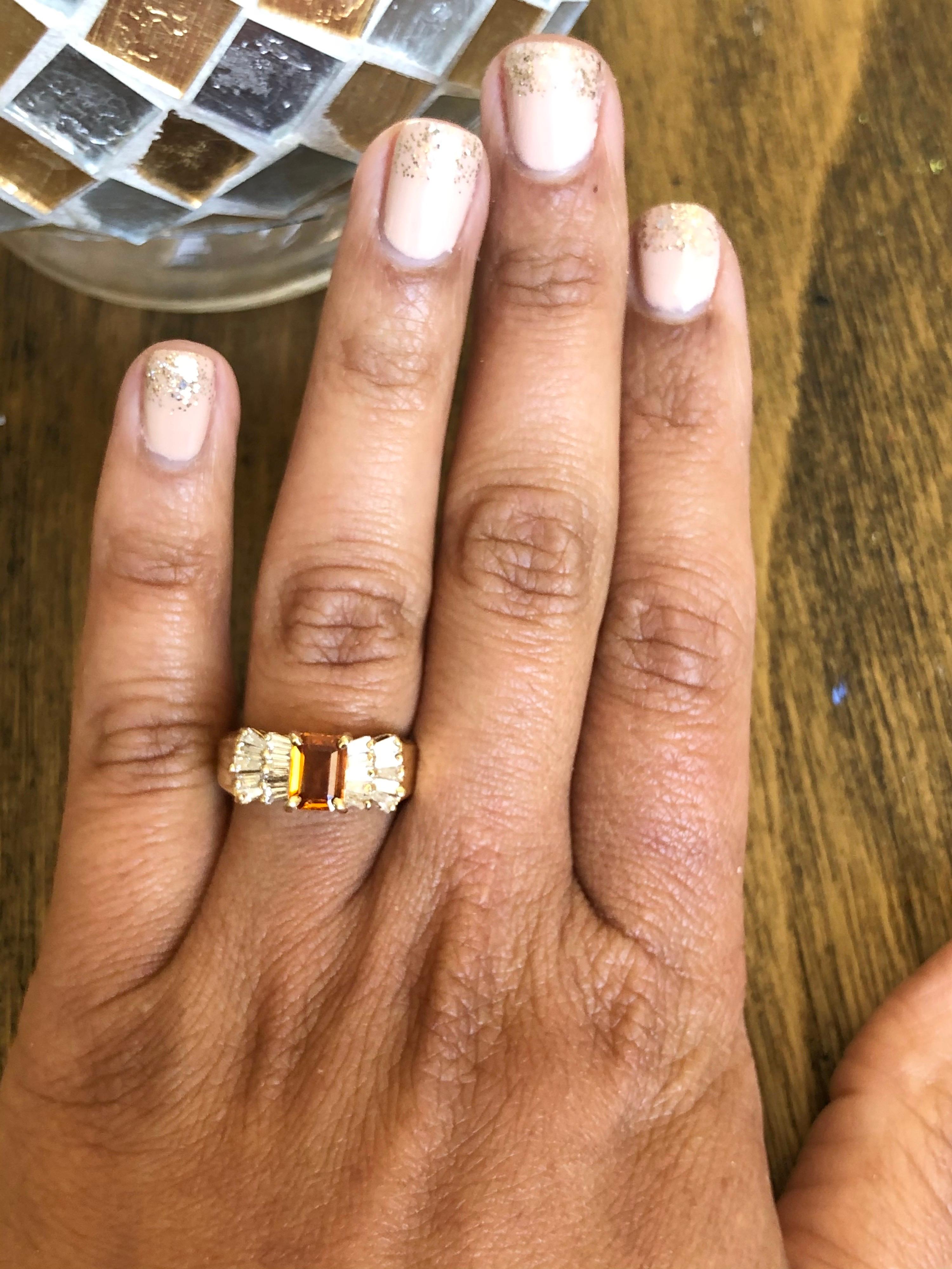 Emerald Cut Orange Sapphire Baguette Diamond 14 Karat Yellow Gold Ring For Sale