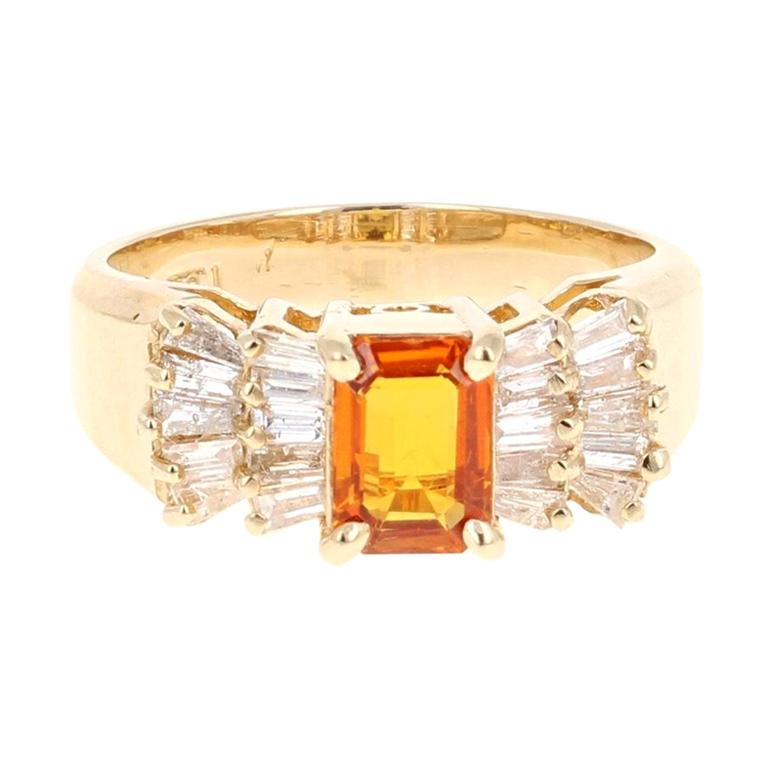 Orange Sapphire Baguette Diamond 14 Karat Yellow Gold Ring For Sale