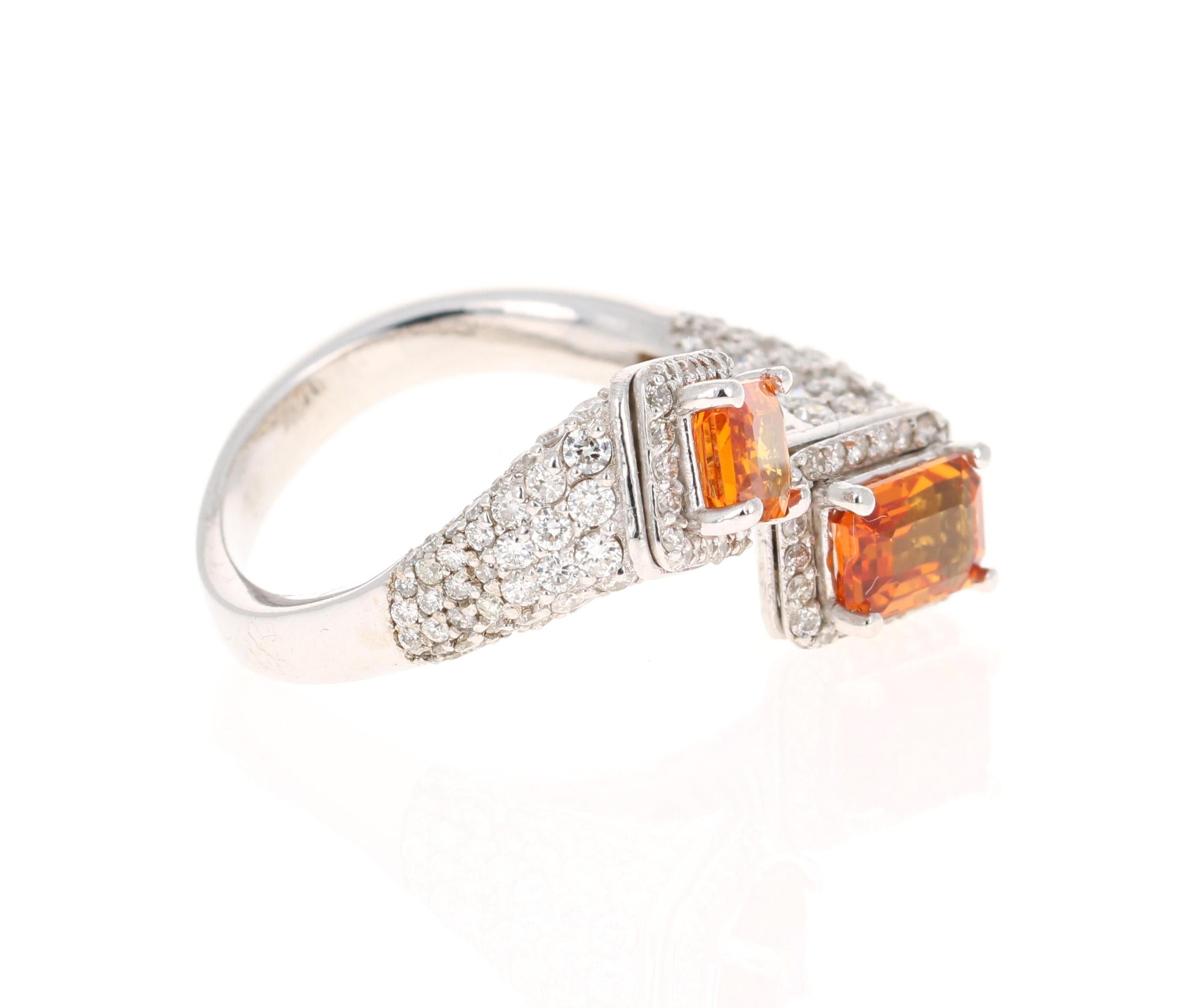 A Unique Orange Sapphire Ring for your collection!

This beautiful ring has 2 Natural Emerald Cut Orange Sapphries that weigh 2.31 carats as well as 169 Round Cut Diamonds that weigh 1.37 carats Carats. The total carat weight of the ring is 3.68