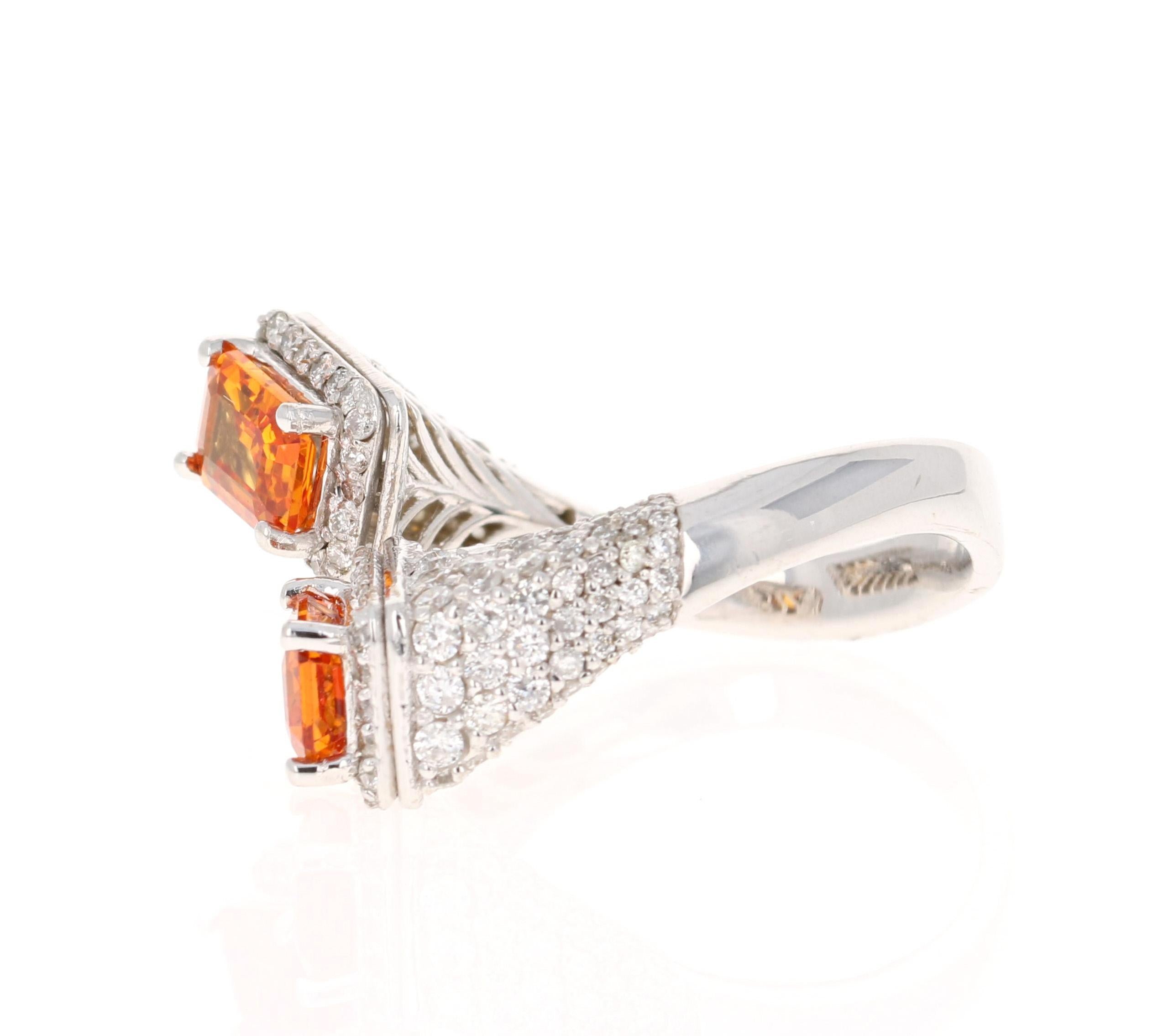 Emerald Cut Orange Sapphire Diamond 14 Karat White Gold Cocktail Ring