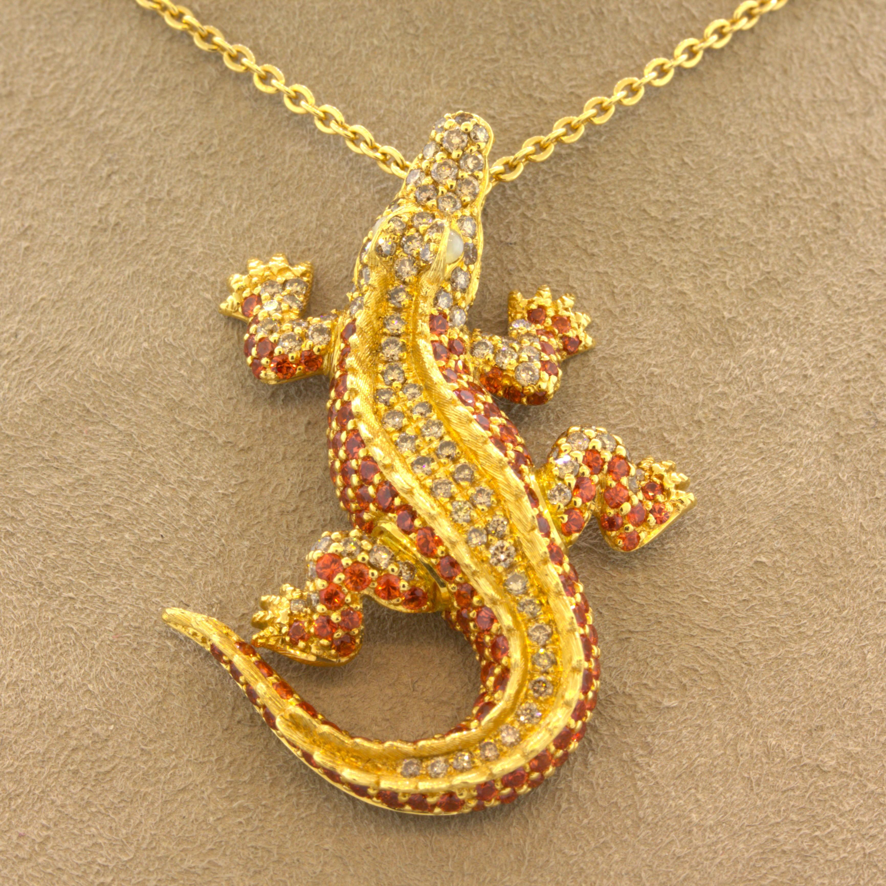 Women's or Men's Orange Sapphire Diamond 18k Yellow Gold Alligator Pendant For Sale