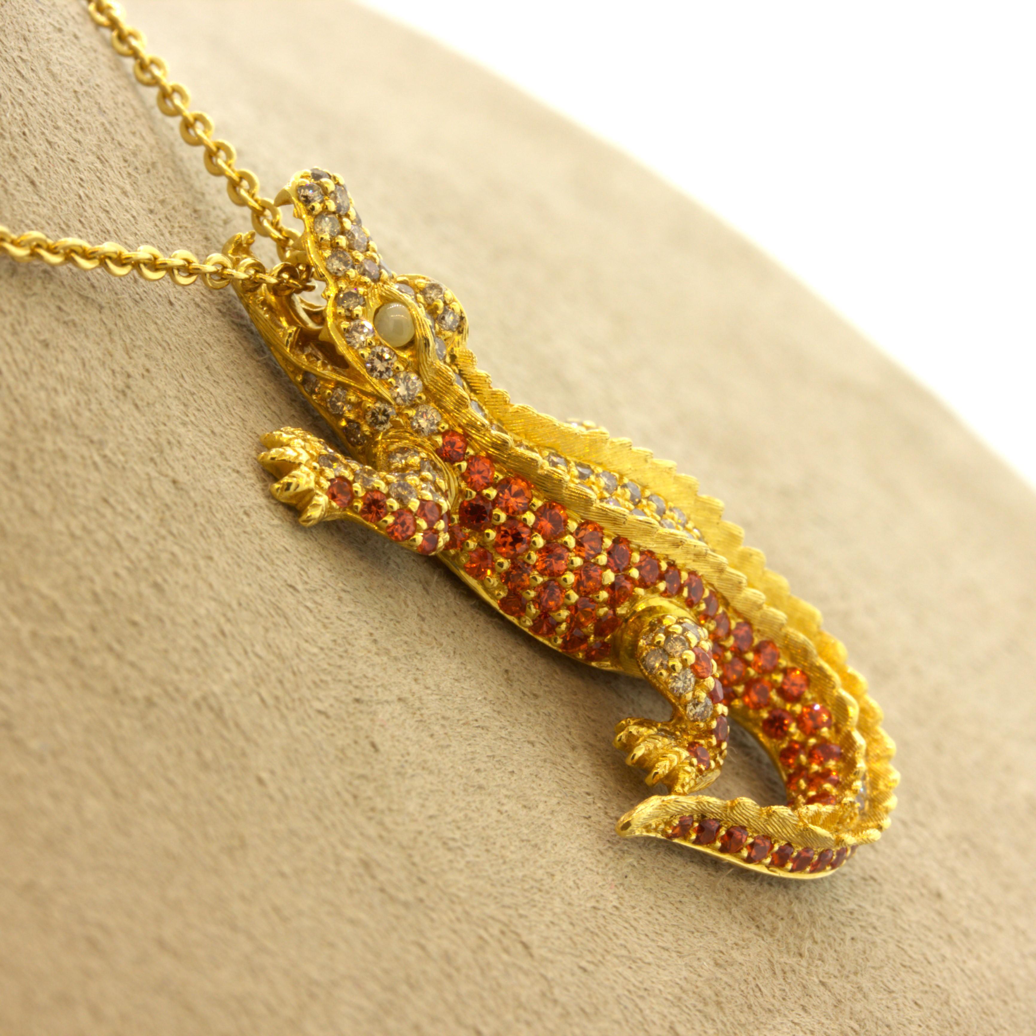 Orange Sapphire Diamond 18k Yellow Gold Alligator Pendant For Sale 2