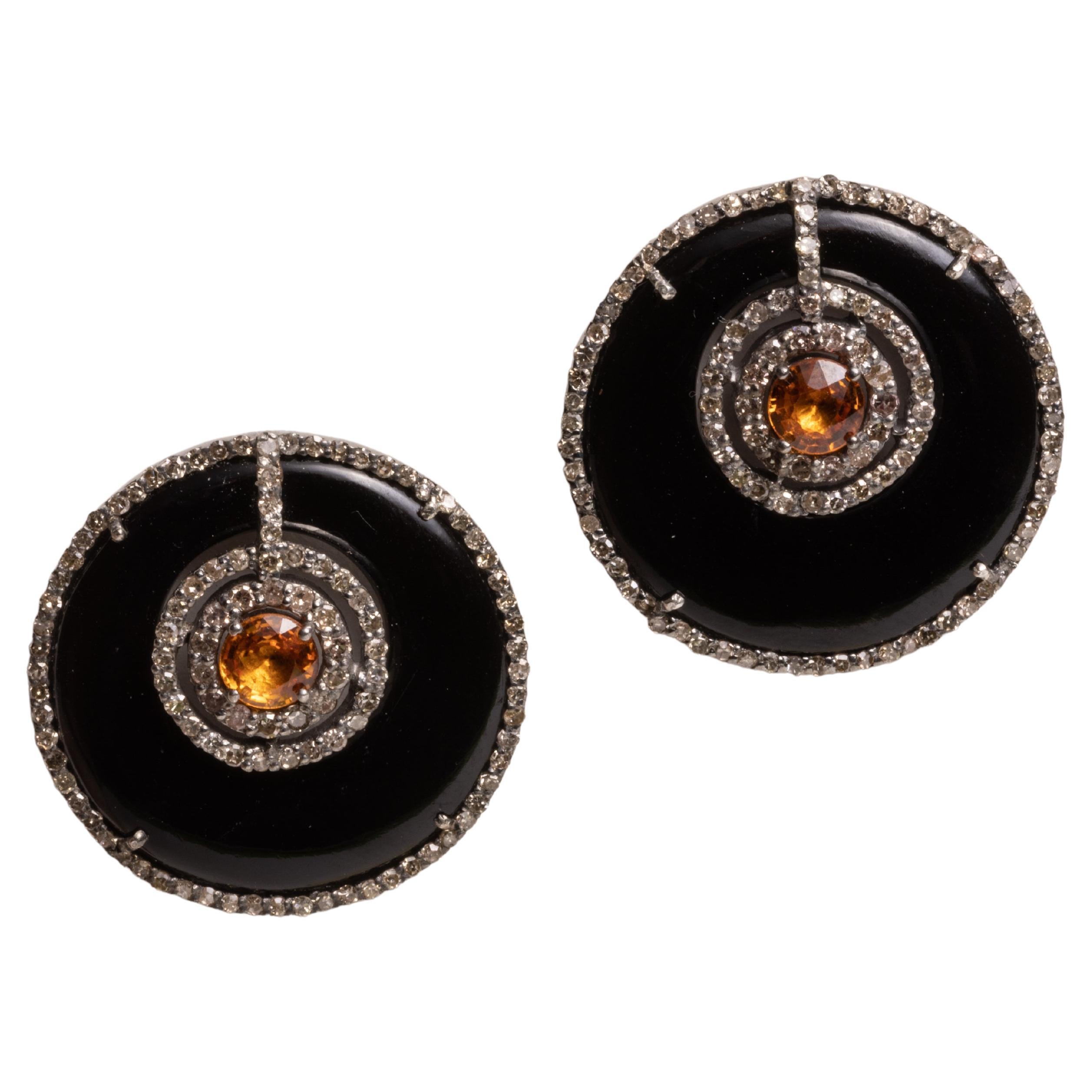 Orange Sapphire, Diamond and Black Onyx Stud Earrings For Sale