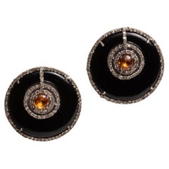 Orange Sapphire, Diamond and Black Onyx Stud Earrings