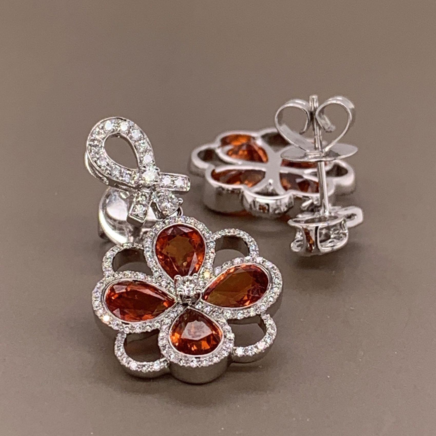 Pear Cut Orange Sapphire Diamond Gold Drop Earrings