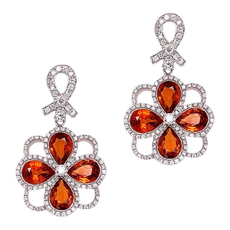 Orange Sapphire Diamond Gold Drop Earrings