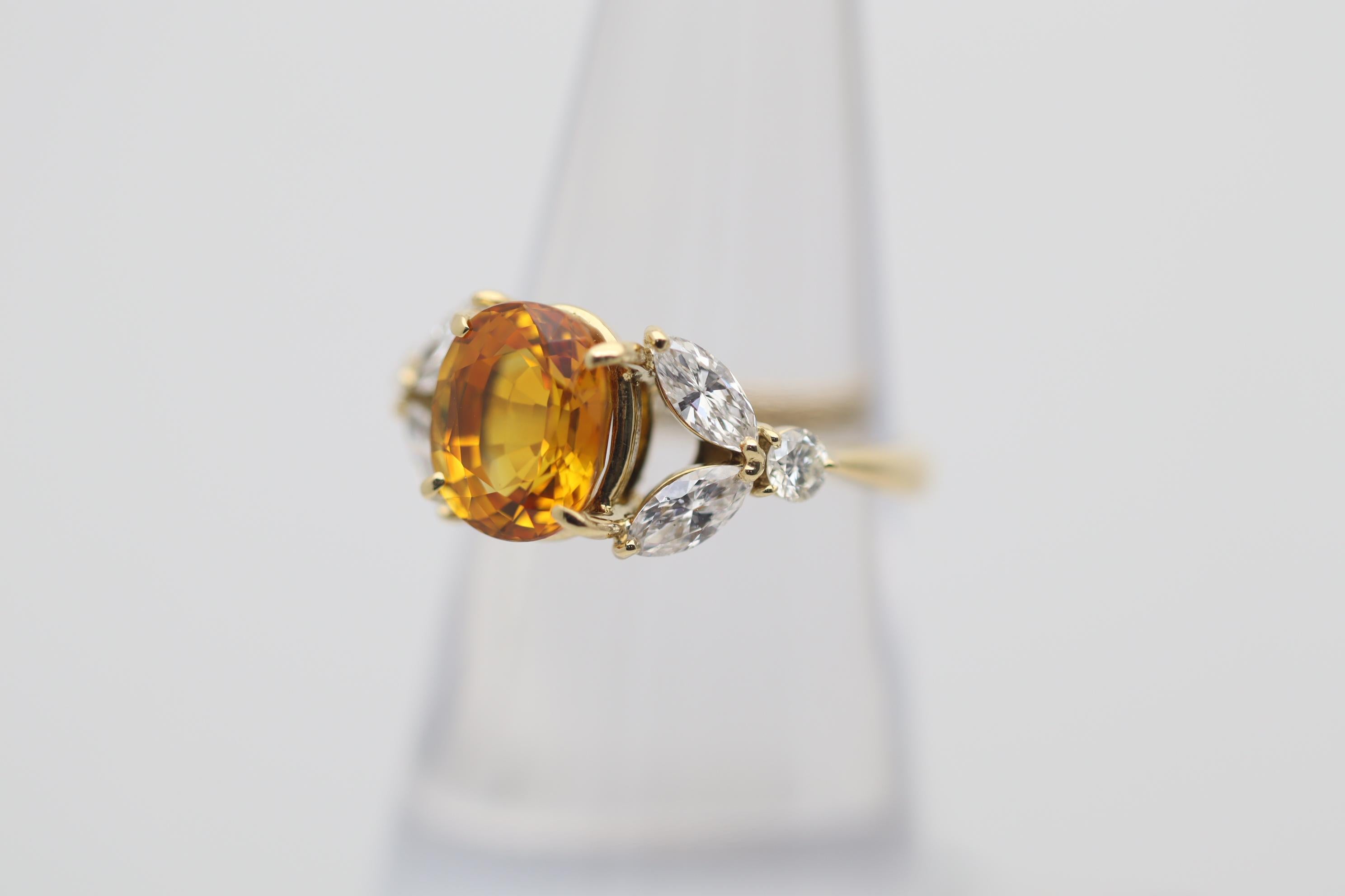 Oval Cut Orange Sapphire Diamond Gold Floral Ring For Sale
