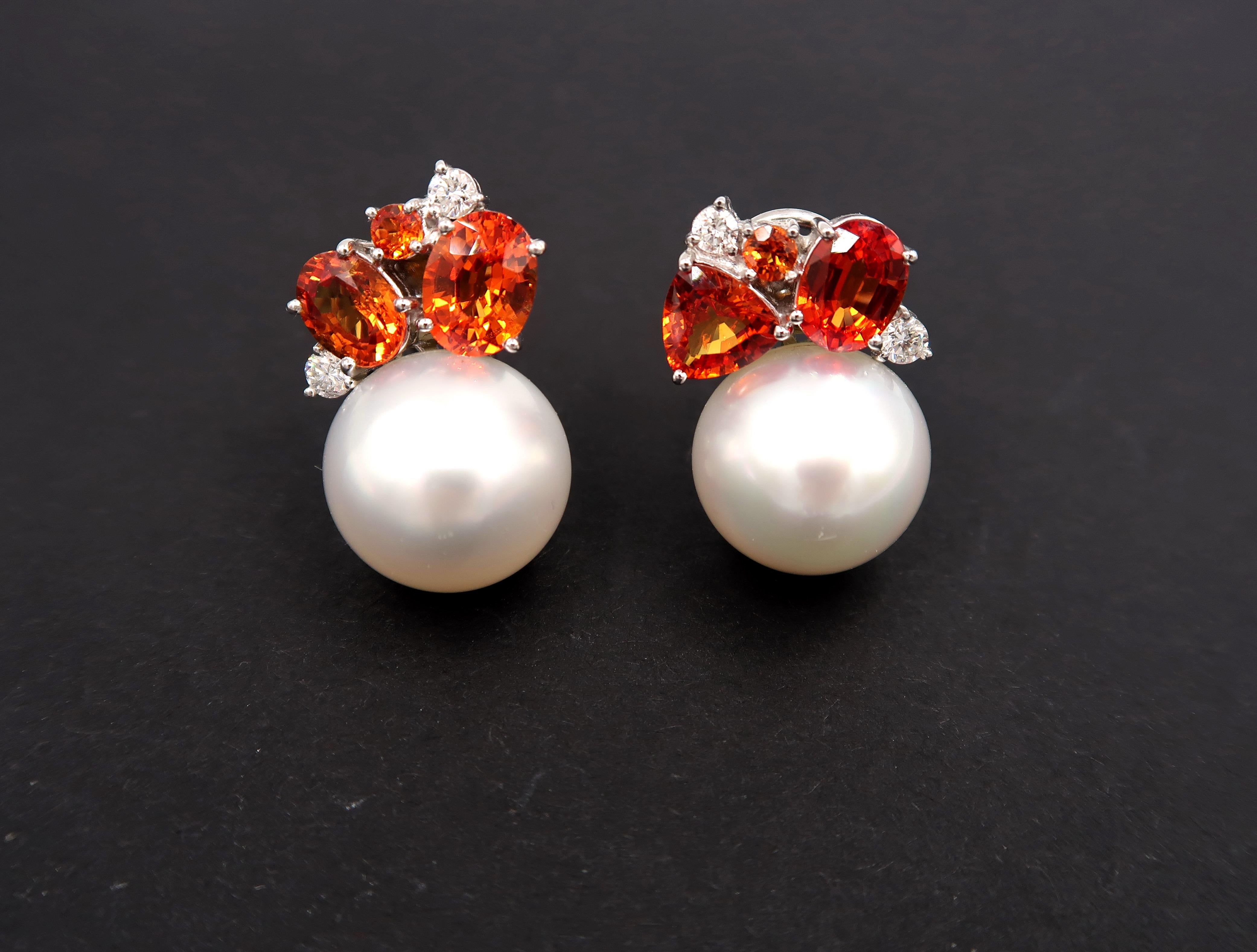 Mixed Cut Orange Sapphire Diamond Large White South Sea Pearl Clip Pierced Earrings For Sale