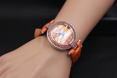 Orange Sapphire & Diamond Pave Dial Luxury Swis Quartz Exotic Leather Band Watch