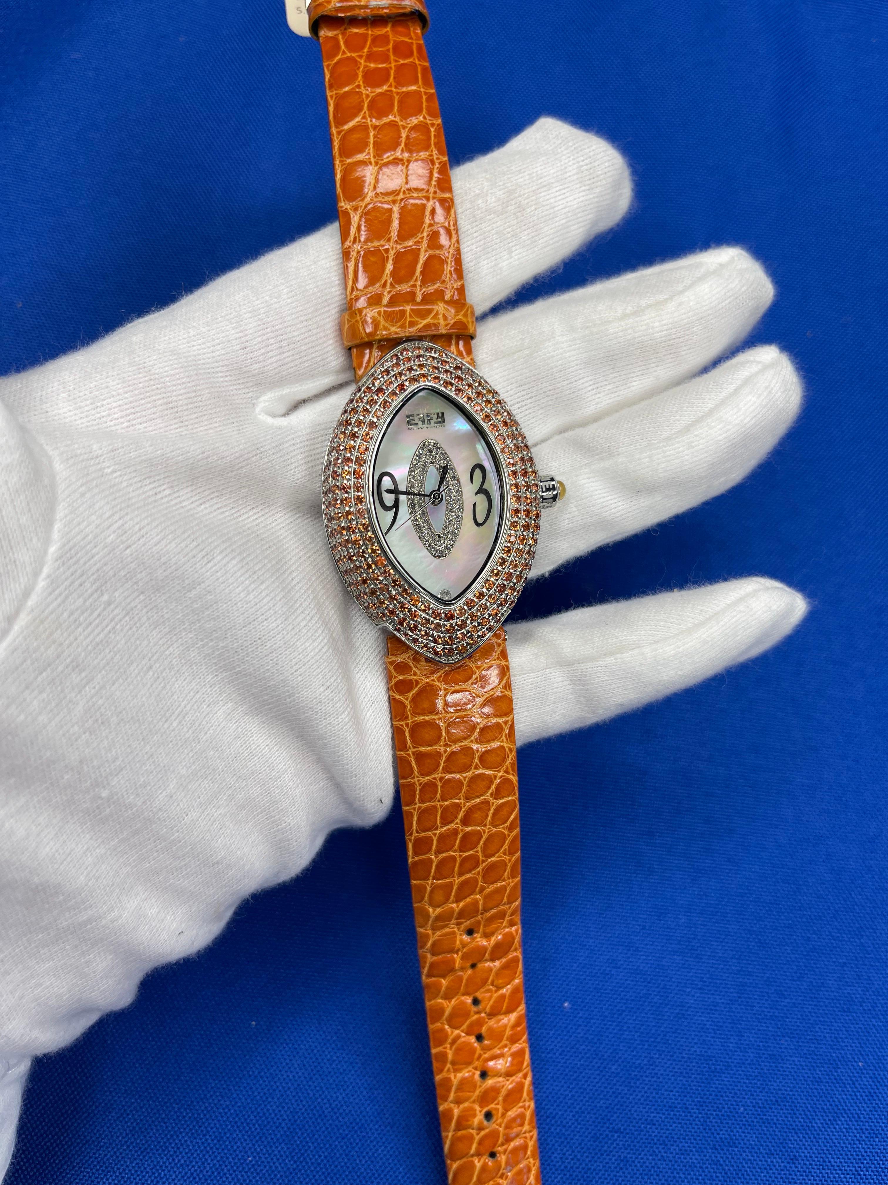 Modern Orange Sapphire & Diamond Pave Dial Luxury Swis Quartz Exotic Leather Band Watch For Sale