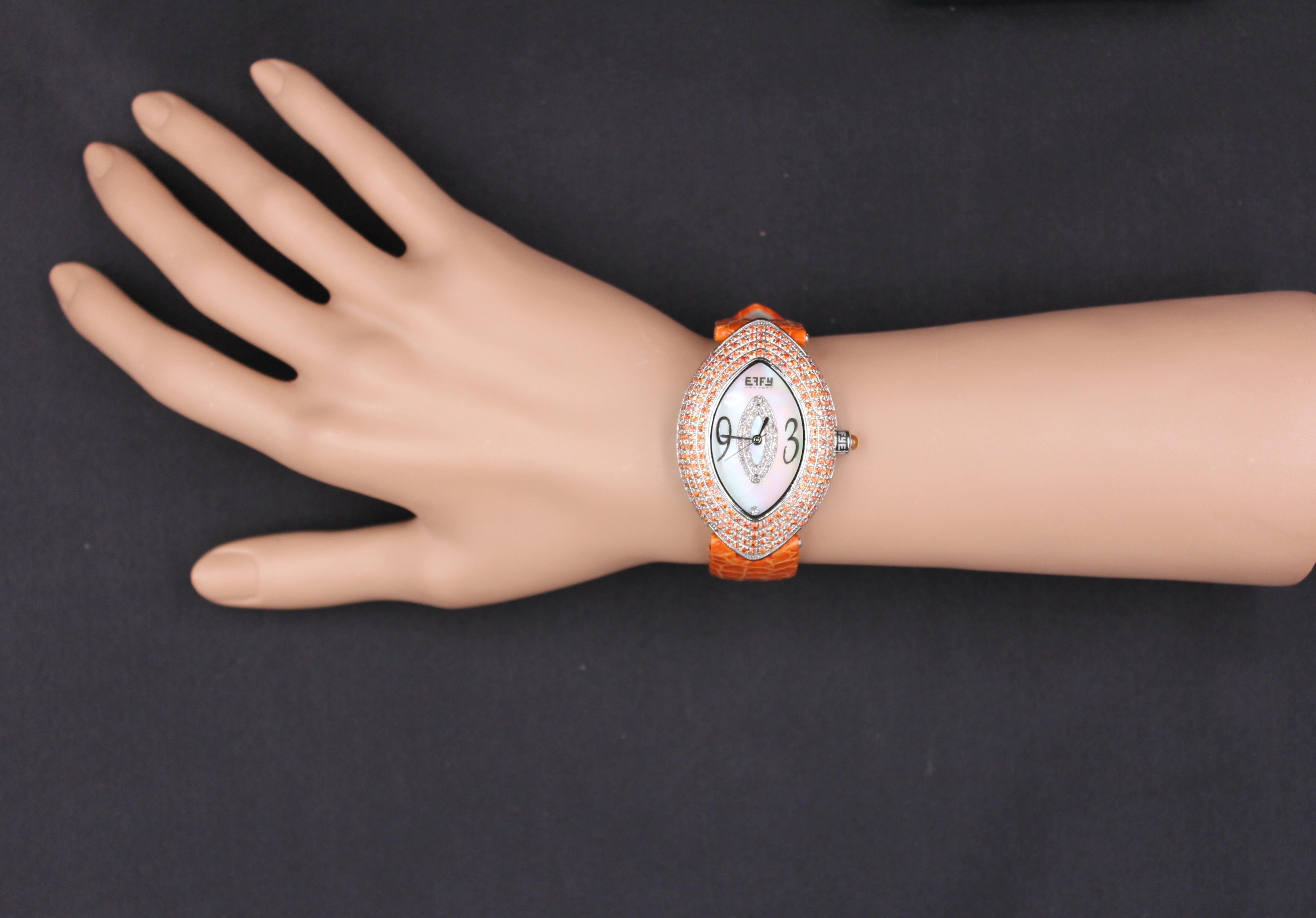 Orange Saphir & Diamant Pave Zifferblatt Luxus Swis Quartz Exotische Lederband Uhr (Gemischter Schliff) im Angebot
