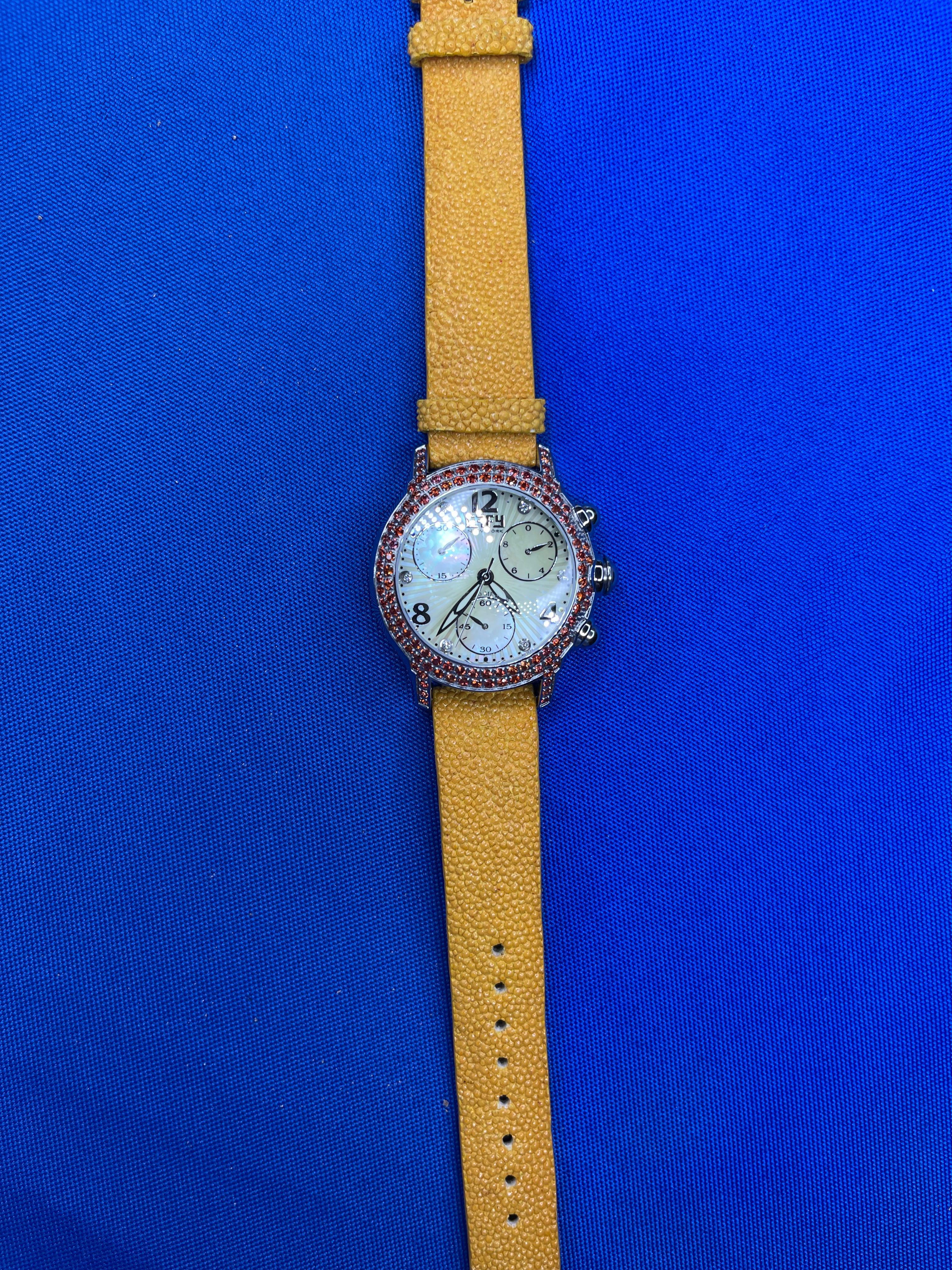 Orange Sapphire & Diamond Pave Dial Luxury Swis Quartz Exotic Leather Band Watch In New Condition For Sale In Oakton, VA