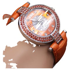 Orange Sapphire & Diamond Pave Dial Luxury Swis Quartz Exotic Leather Band Watch